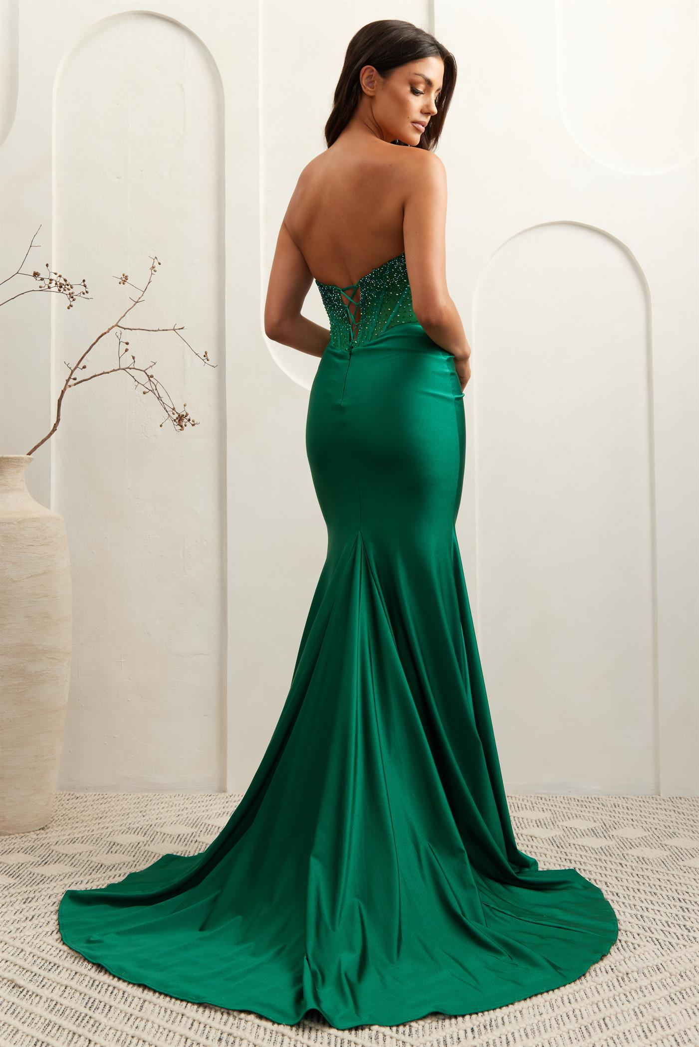 AC25-3042 BEADED STRAPLESS SLIT GOWN