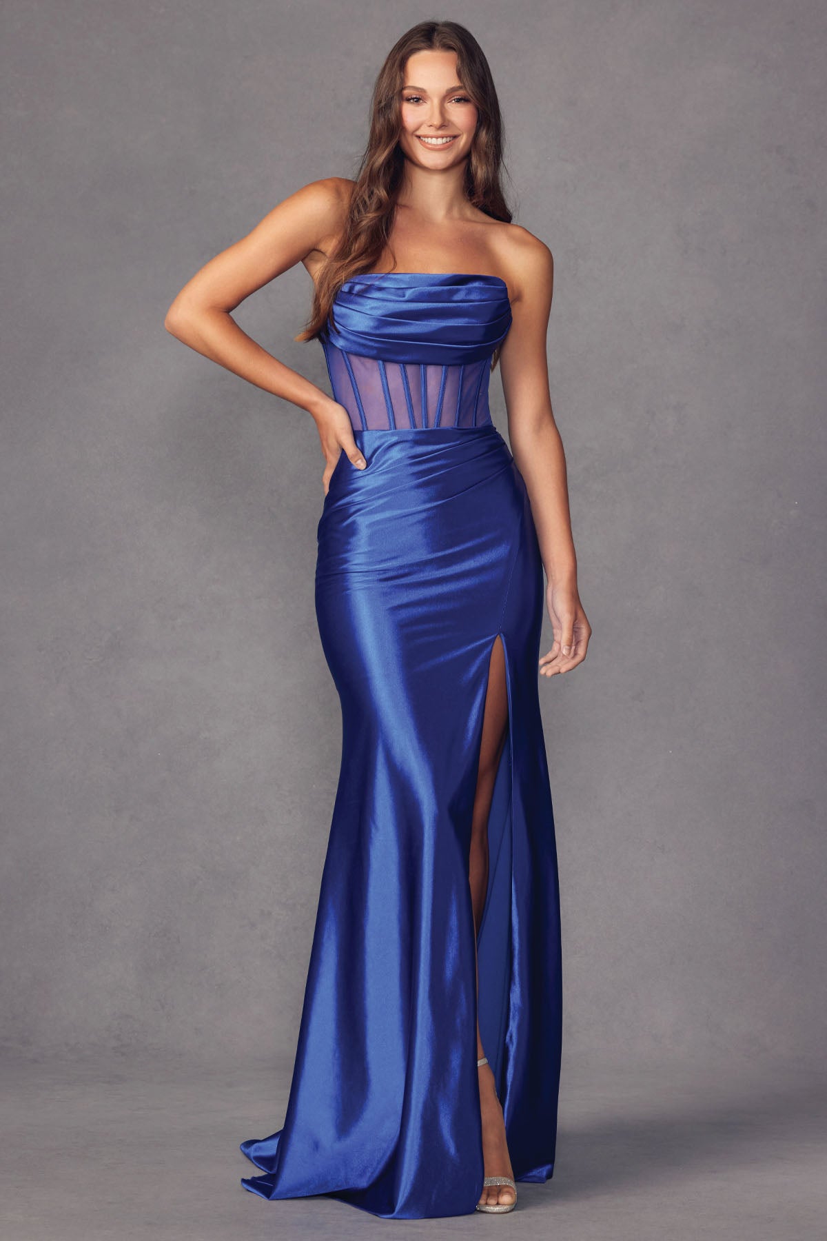 JT24-2416 Fitted strapless cowl neck sheer boned bodice Pleated hip side Zipper closure leg slit