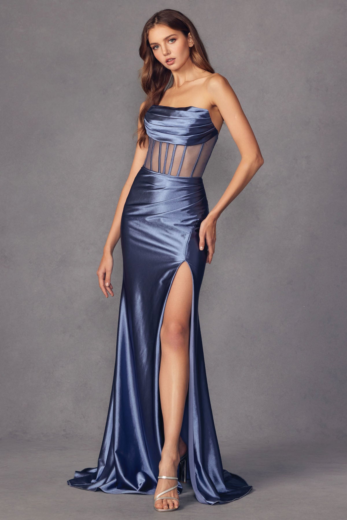 JT24-2416 Fitted strapless cowl neck sheer boned bodice Pleated hip side Zipper closure leg slit