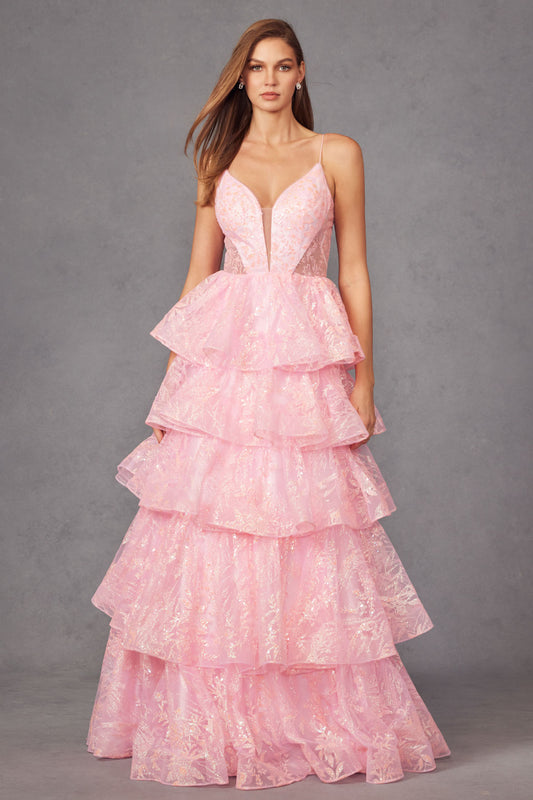 JT24-2438K Tiers Layers Ruffles Sparkle Tulle Ballgown With V-Neckline Prom Dress