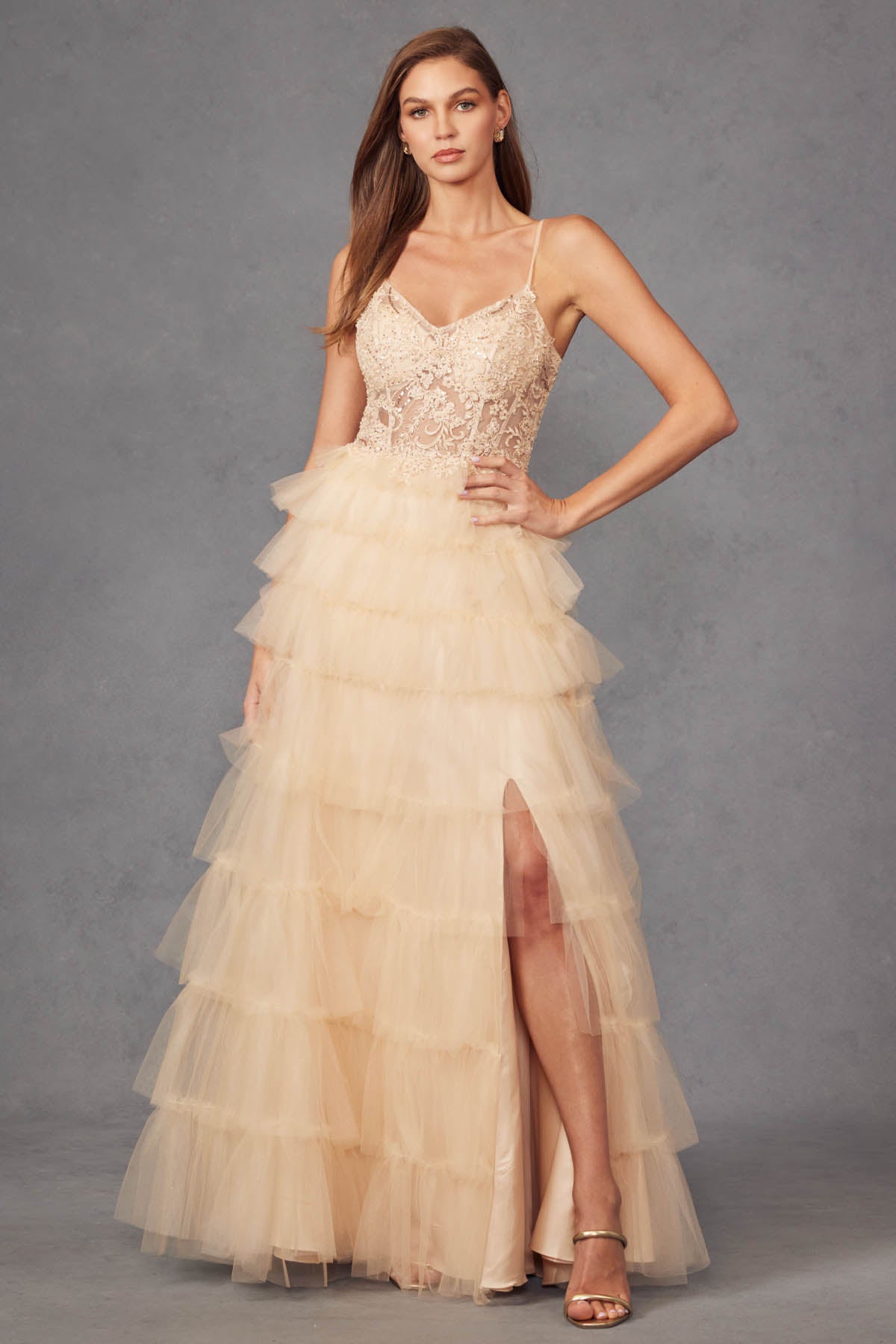 JT24-2451S Tiers Layers Ruffles Detail Beaded Sheer Illusion Boned Sweetheart Bodice Straps Leg Slit Gown