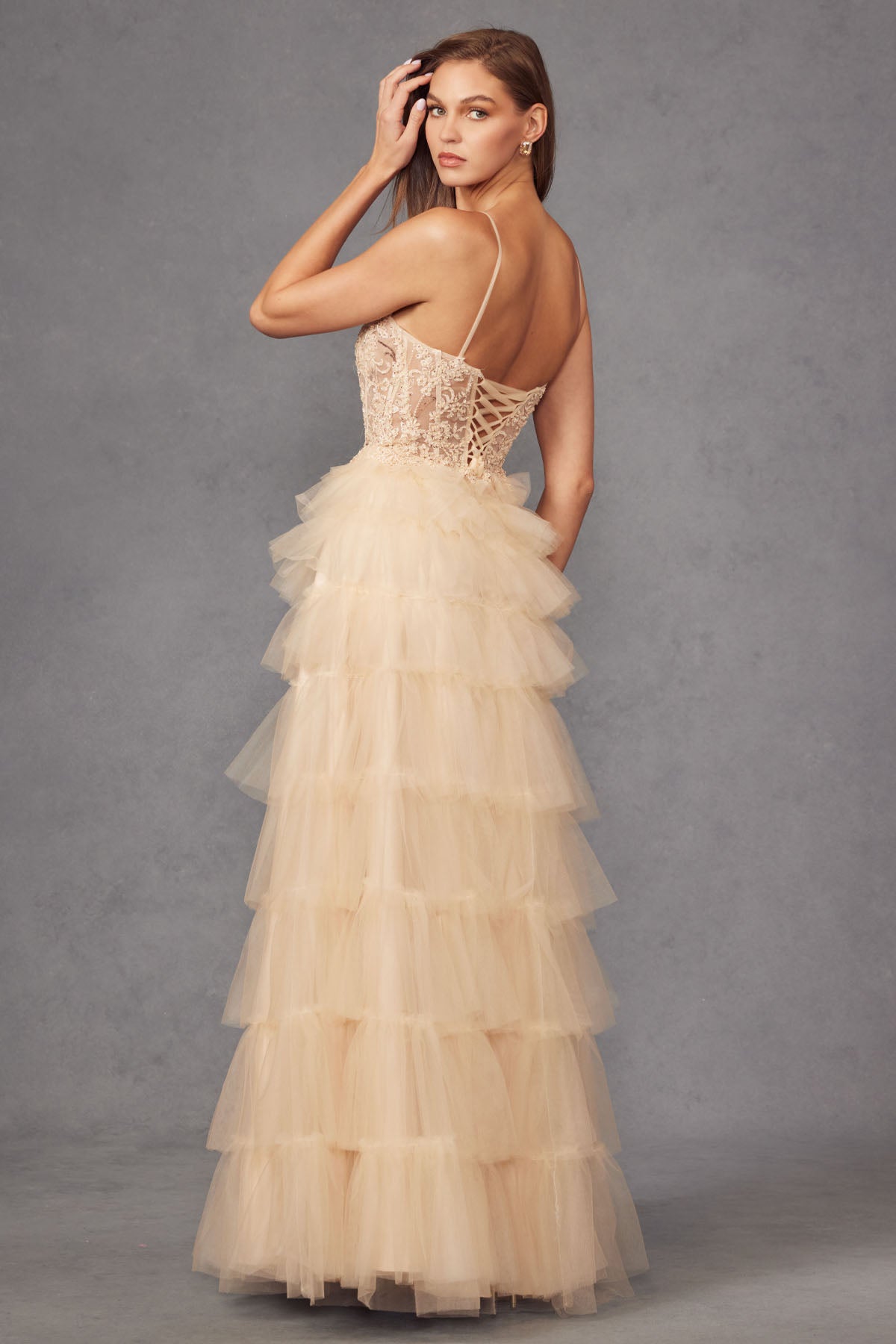 JT24-2451S Tiers Layers Ruffles Detail Beaded Sheer Illusion Boned Sweetheart Bodice Straps Leg Slit Gown