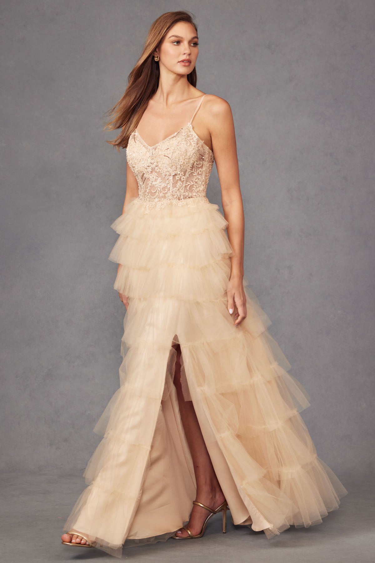 JT24-2451S Tiers Layers Ruffles Detail Beaded Sheer Illusion Boned Sweetheart Bodice Straps Leg Slit Gown