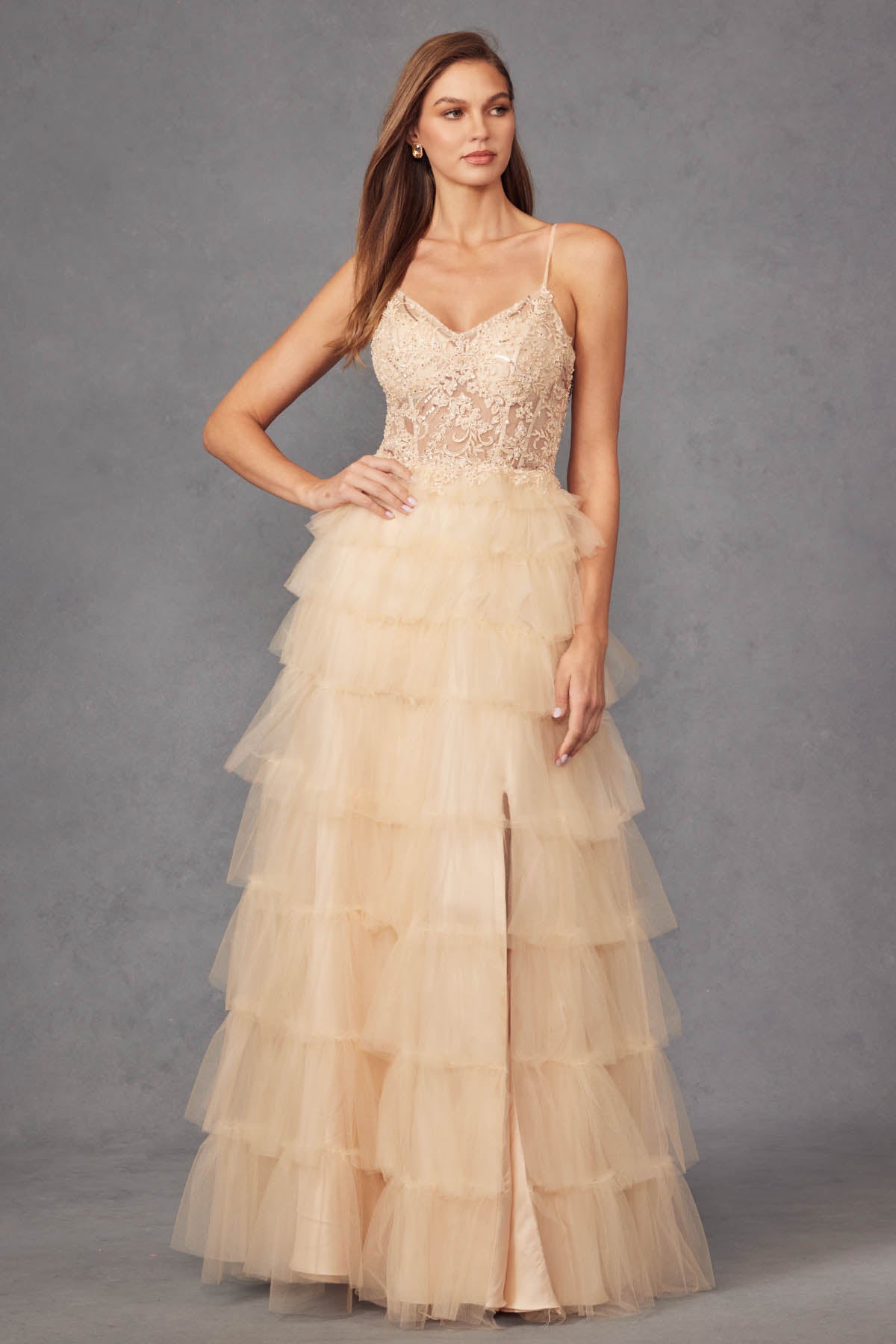 JT24-2451S Tiers Layers Ruffles Detail Beaded Sheer Illusion Boned Sweetheart Bodice Straps Leg Slit Gown