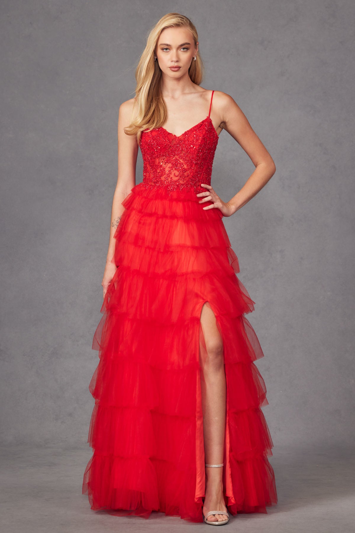 JT24-2451S Tiers Layers Ruffles Detail Beaded Sheer Illusion Boned Sweetheart Bodice Straps Leg Slit Gown