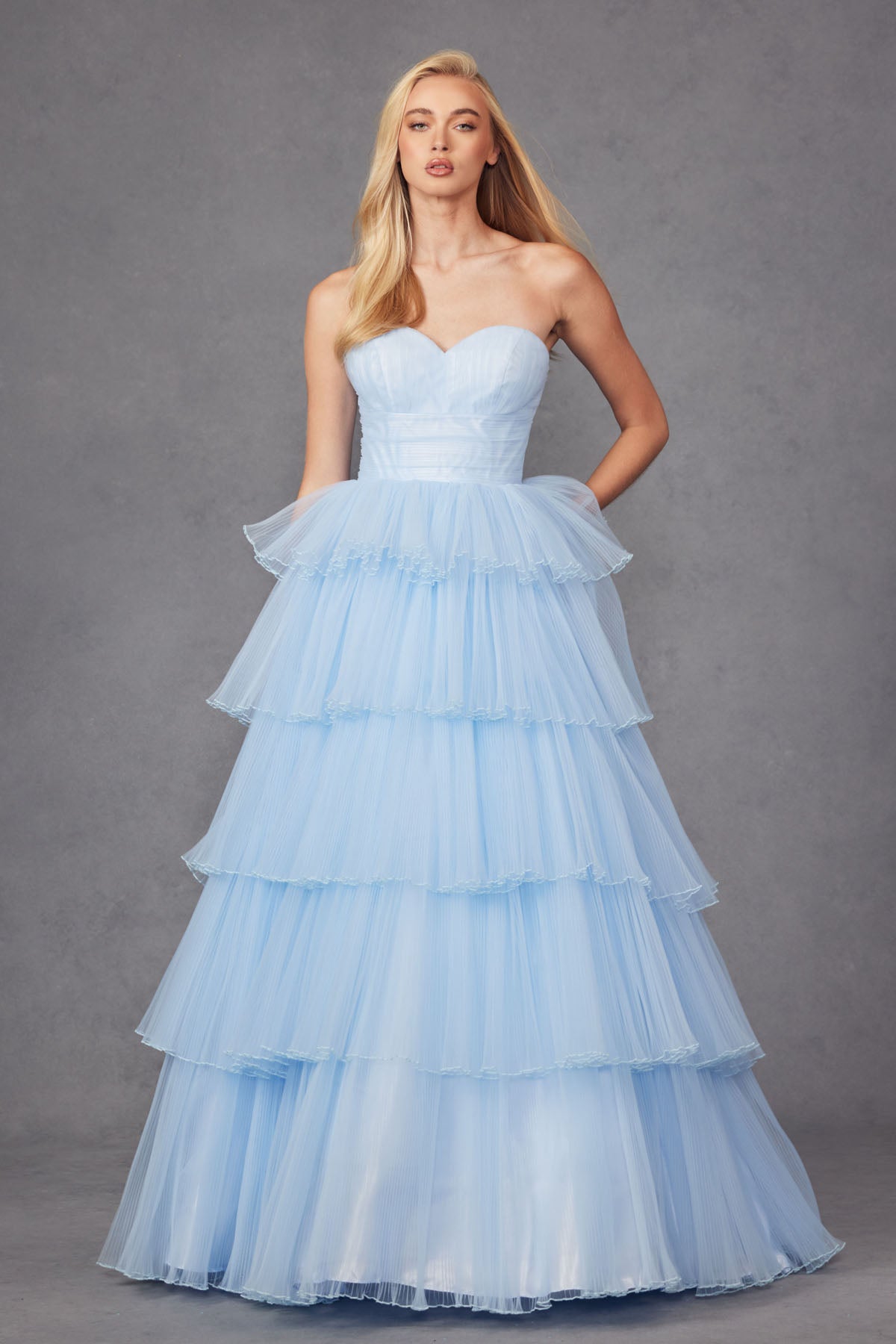 JT24-2452K Tiers Layers Ruffles Tulle Gown Strapless Lace Up