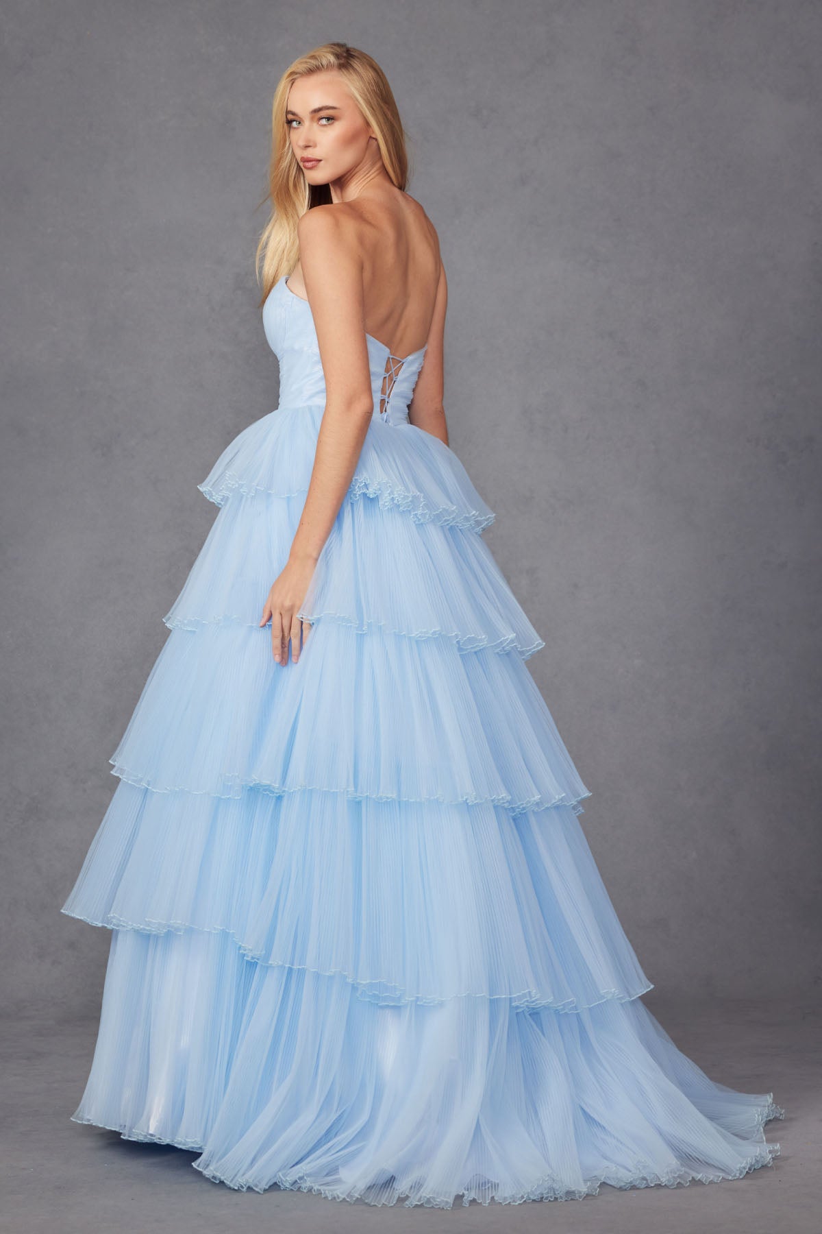 JT24-2452K Tiers Layers Ruffles Tulle Gown Strapless Lace Up