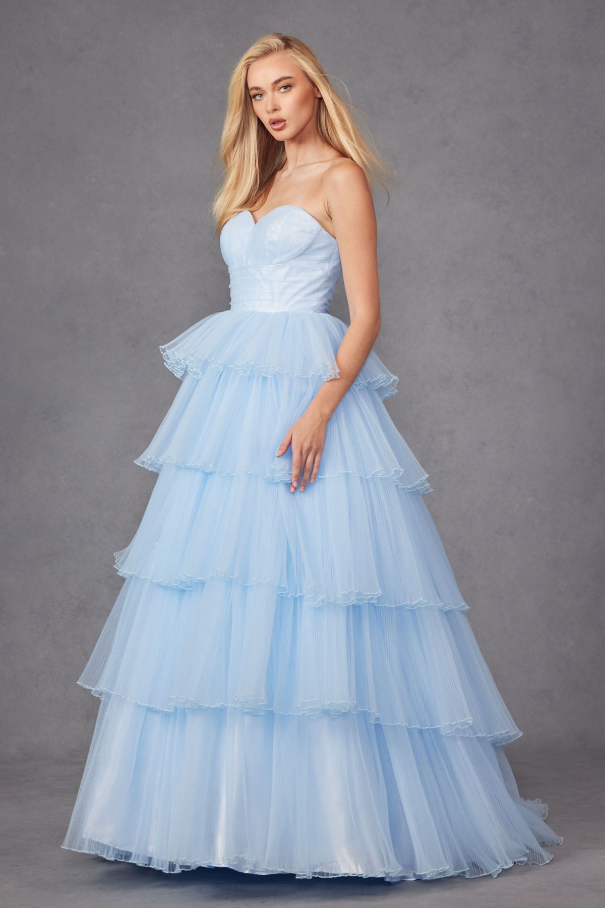 JT24-2452K Tiers Layers Ruffles Tulle Gown Strapless Lace Up