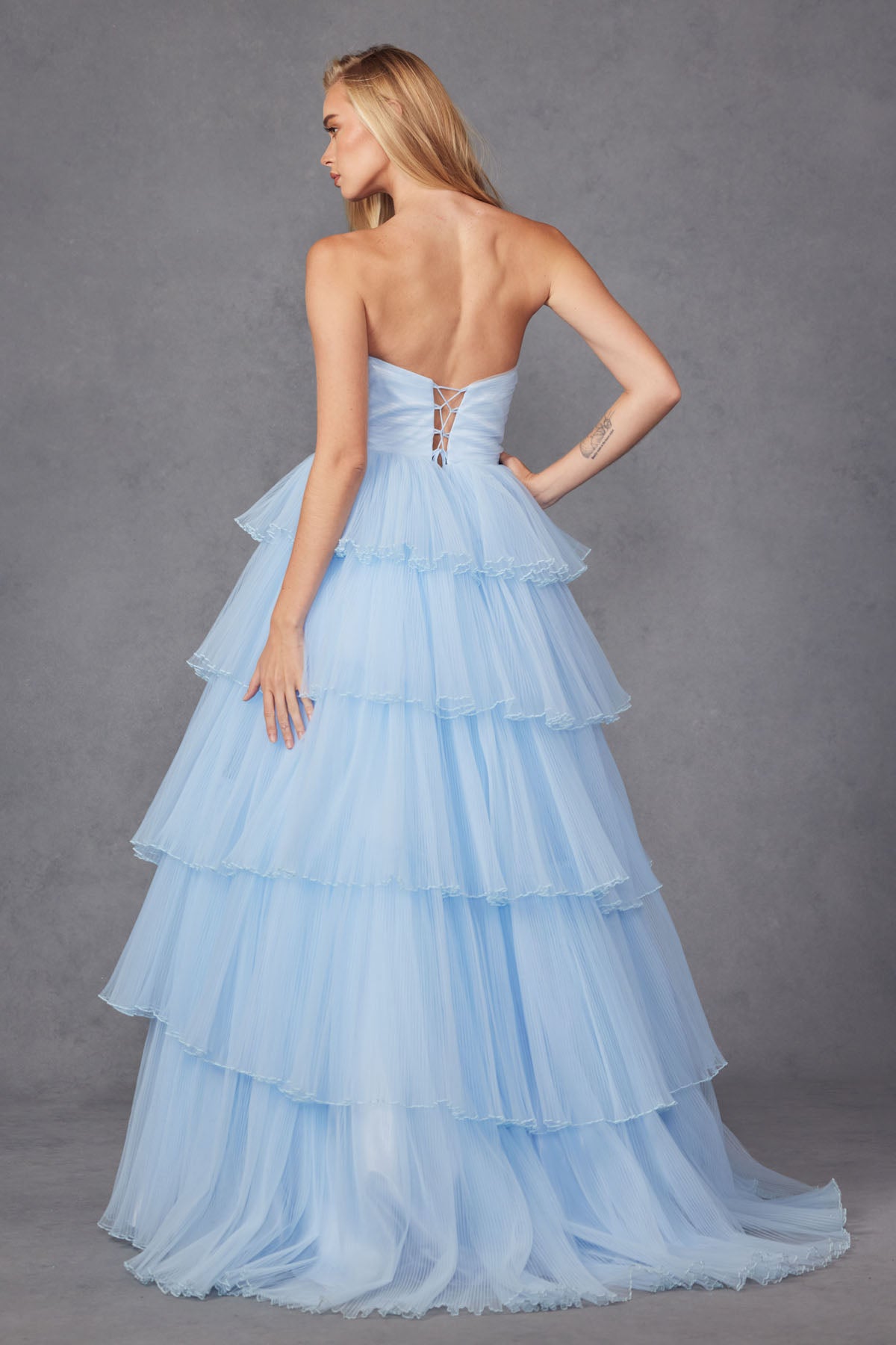 JT24-2452K Tiers Layers Ruffles Tulle Gown Strapless Lace Up