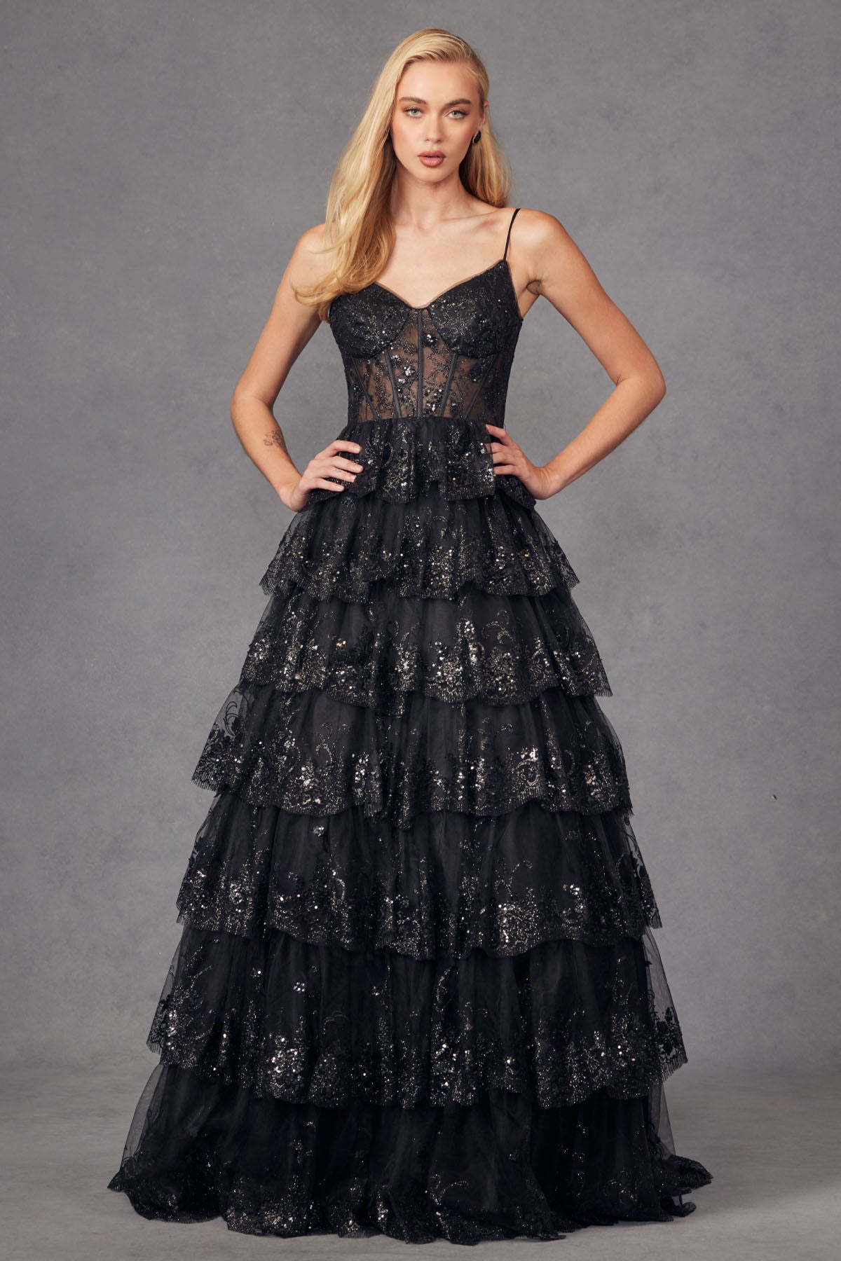 JT24-JT2454K Ruffle Tulle Lace Sequin Ball Gown With Sheer Corset Bodice, Sweetheart Neckline Prom Dress.