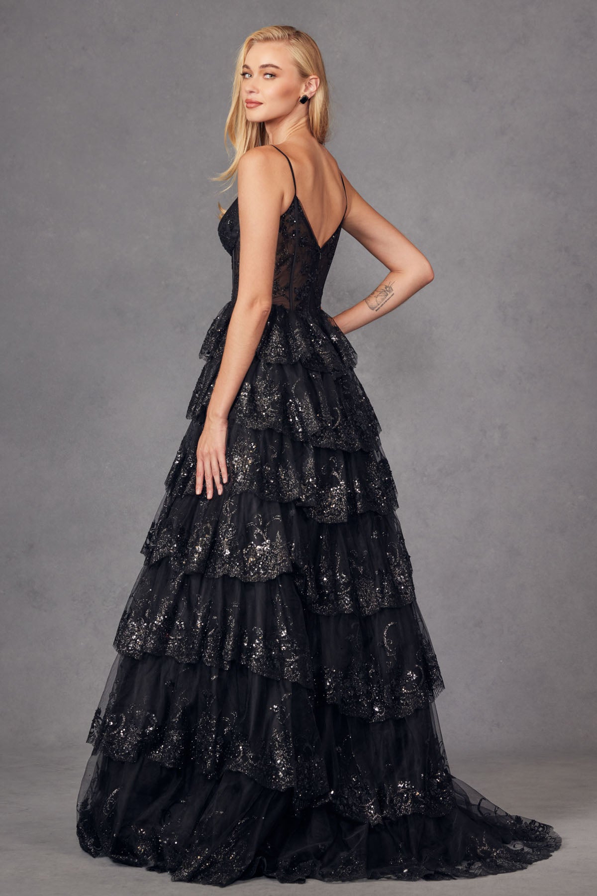 JT24-2454K Tiers Layers Ruffles Tulle Lace Sequin Ball Gown With Sheer Corset Bodice, Sweetheart Neckline Prom Dress