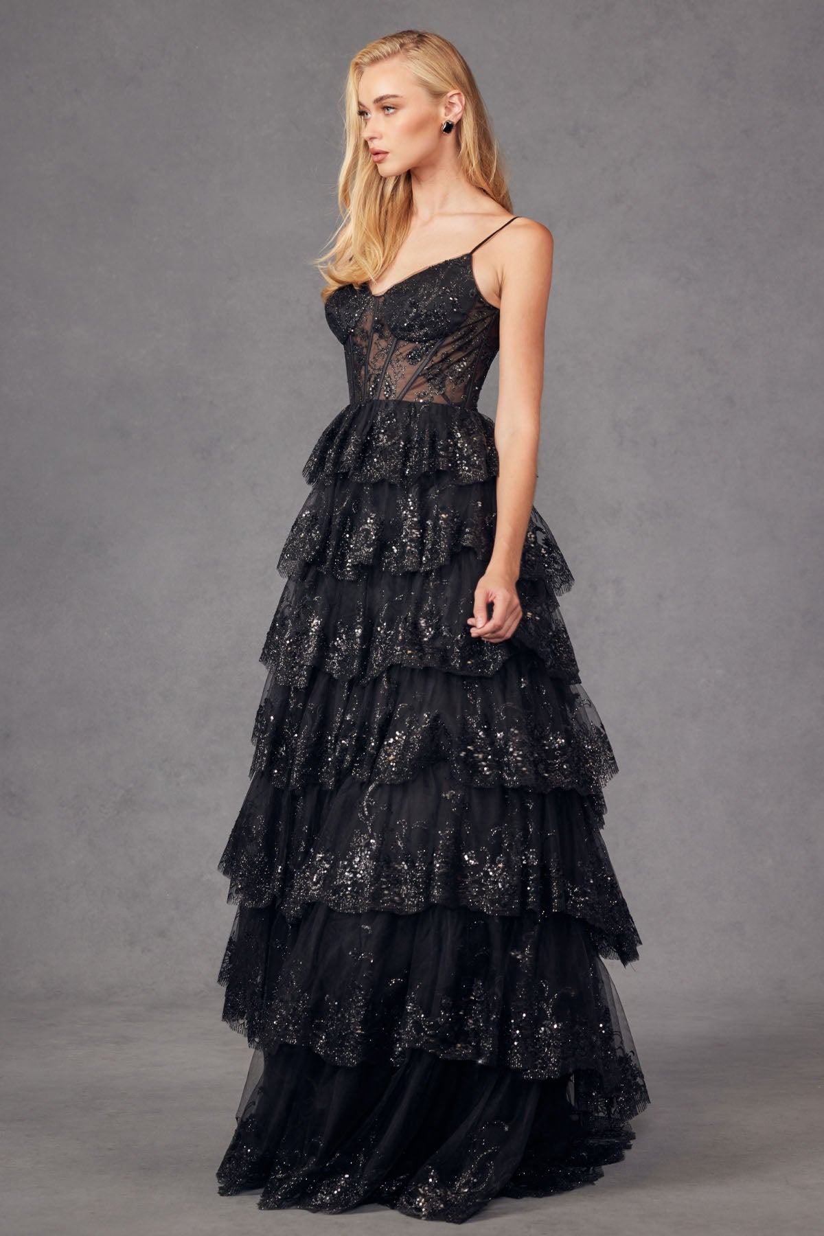 JT24-2454K Tiers Layers Ruffles Tulle Lace Sequin Ball Gown With Sheer Corset Bodice, Sweetheart Neckline Prom Dress