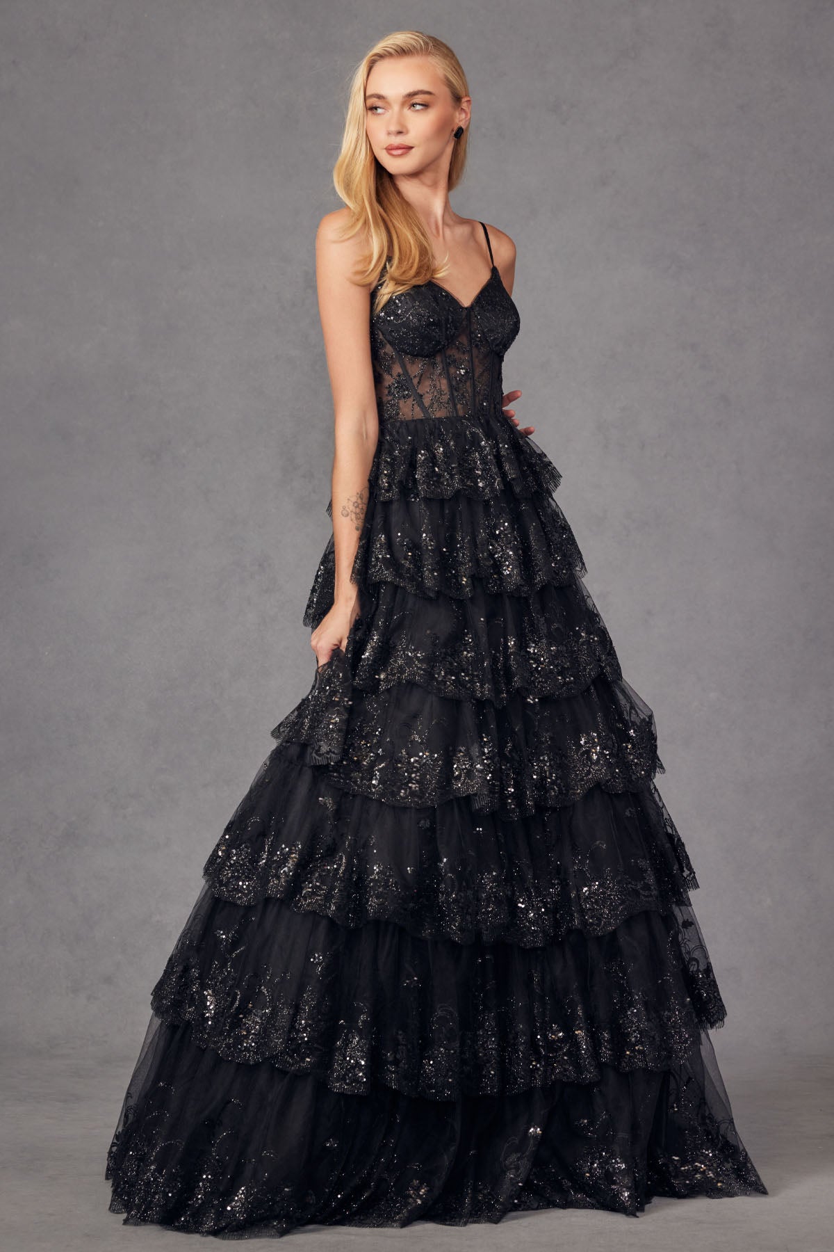 JT24-2454K Tiers Layers Ruffles Tulle Lace Sequin Ball Gown With Sheer Corset Bodice, Sweetheart Neckline Prom Dress