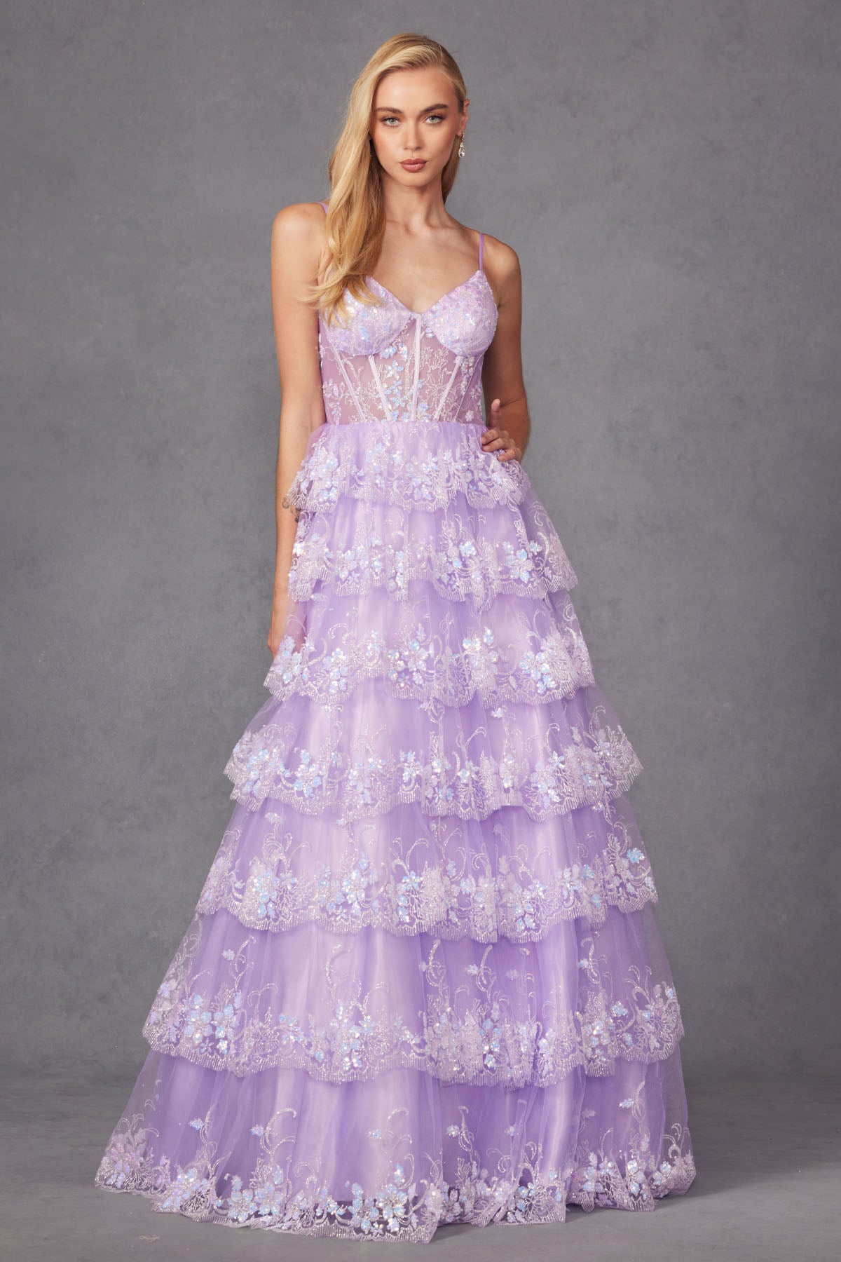 JT24-2454K Tiers Layers Ruffles Tulle Lace Sequin Ball Gown With Sheer Corset Bodice, Sweetheart Neckline Prom Dress