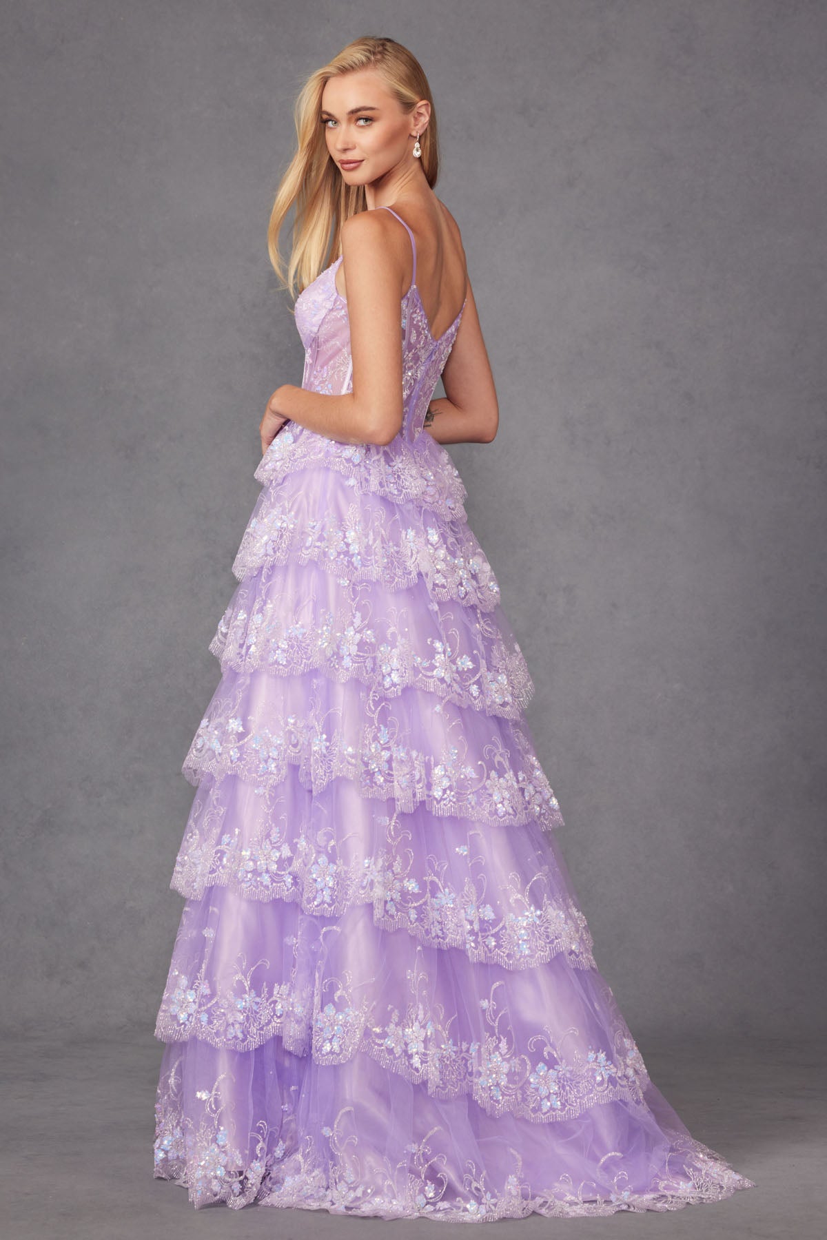 JT24-2454K Tiers Layers Ruffles Tulle Lace Sequin Ball Gown With Sheer Corset Bodice, Sweetheart Neckline Prom Dress