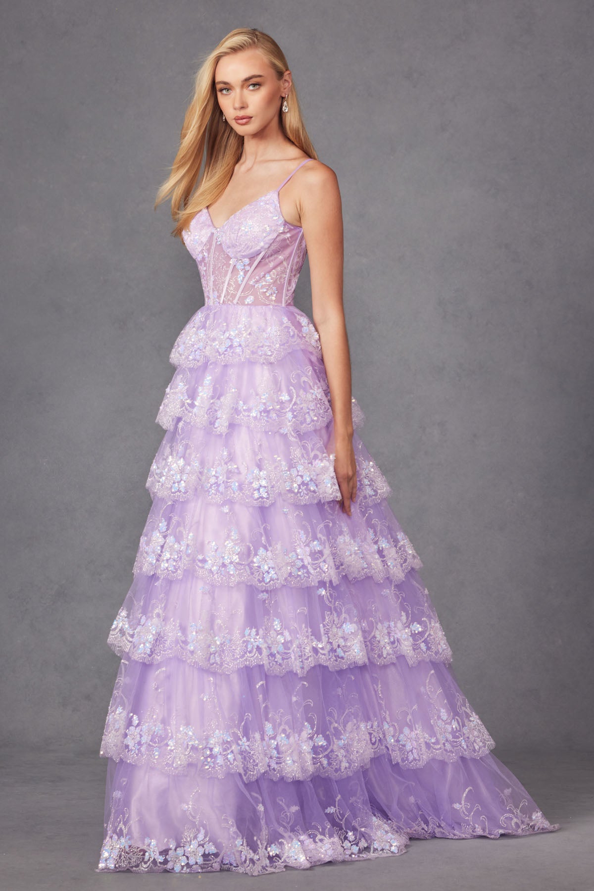 JT24-2454K Tiers Layers Ruffles Tulle Lace Sequin Ball Gown With Sheer Corset Bodice, Sweetheart Neckline Prom Dress