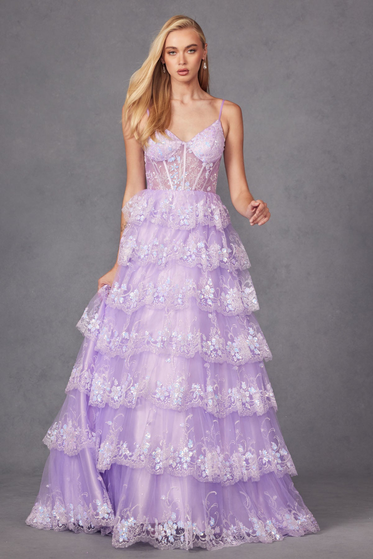 JT24-2454K Tiers Layers Ruffles Tulle Lace Sequin Ball Gown With Sheer Corset Bodice, Sweetheart Neckline Prom Dress