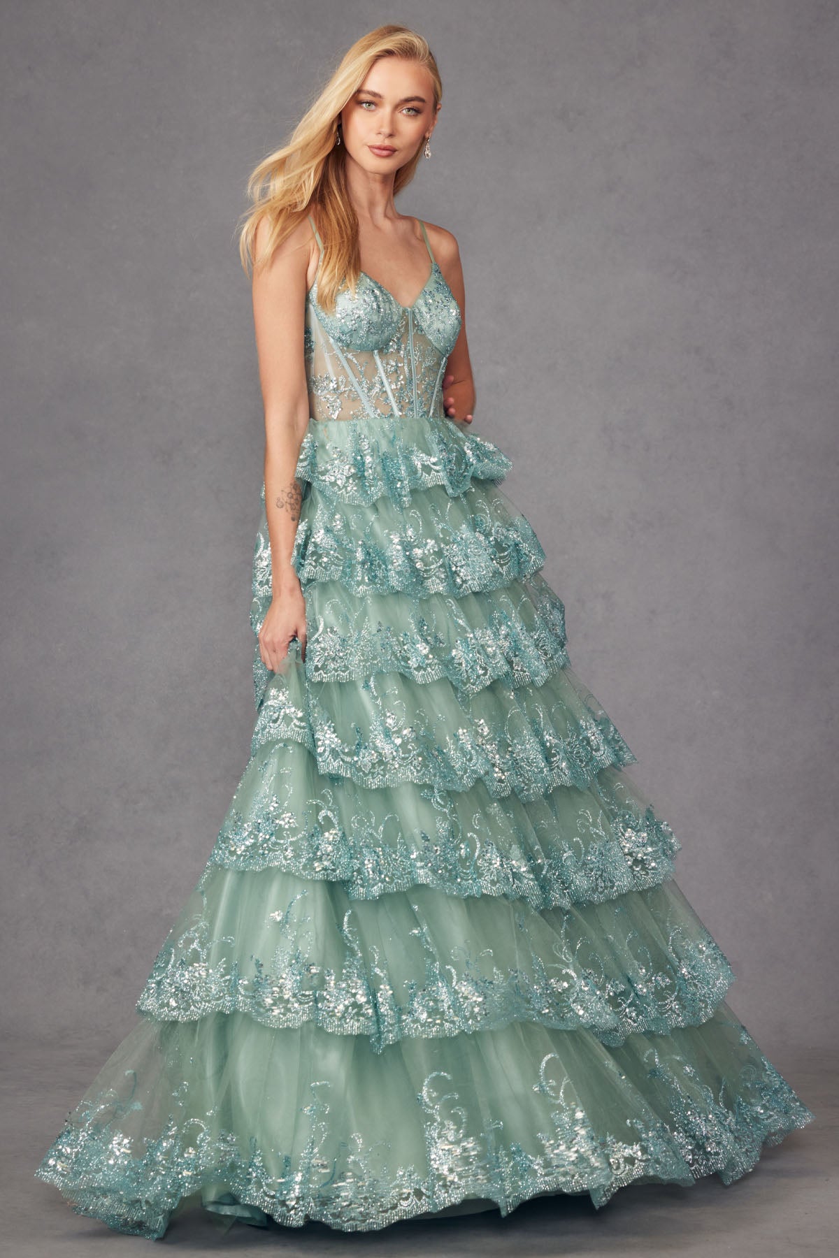 JT24-2454K Tiers Layers Ruffles Tulle Lace Sequin Ball Gown With Sheer Corset Bodice, Sweetheart Neckline Prom Dress