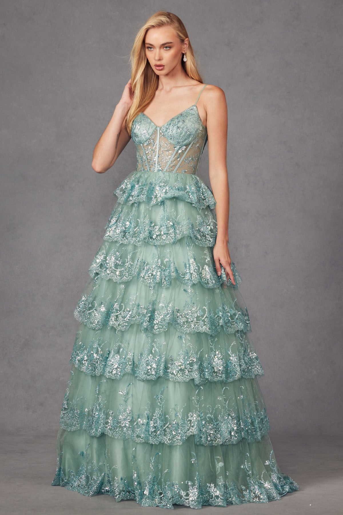 JT24-2454K Tiers Layers Ruffles Tulle Lace Sequin Ball Gown With Sheer Corset Bodice, Sweetheart Neckline Prom Dress