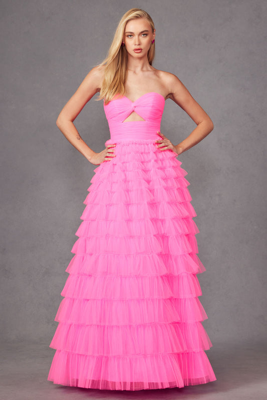 JT24-2456H Tiers Layers Ruffles Strapless Ball Gown With Keyholes Front Lace Up Zipper Closure