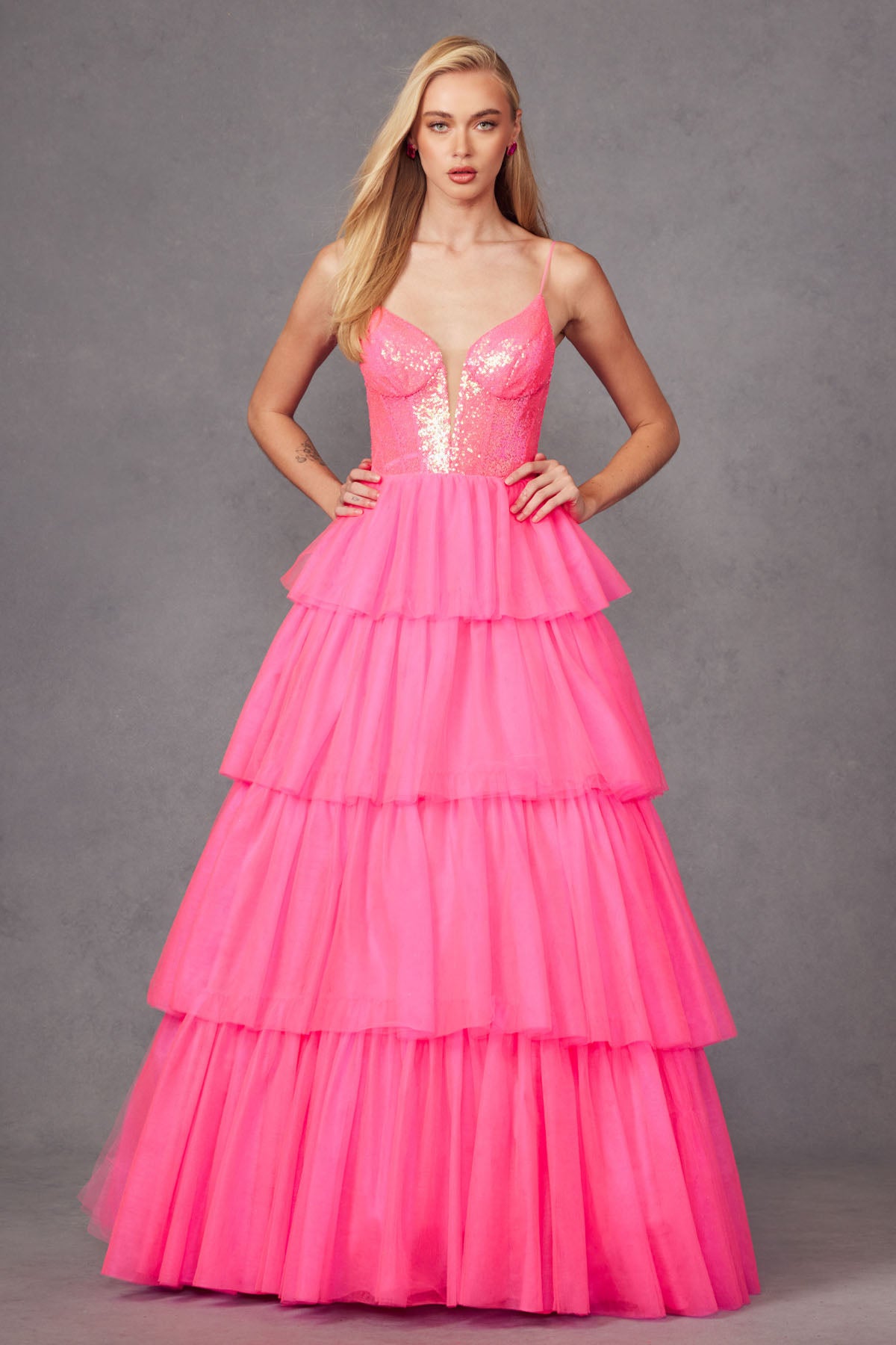 JT24-2457H Tulle Tiers Layers Ruffles Ball Gown Bodice V-Neckline Straps Boned Bodice Zipper Closure