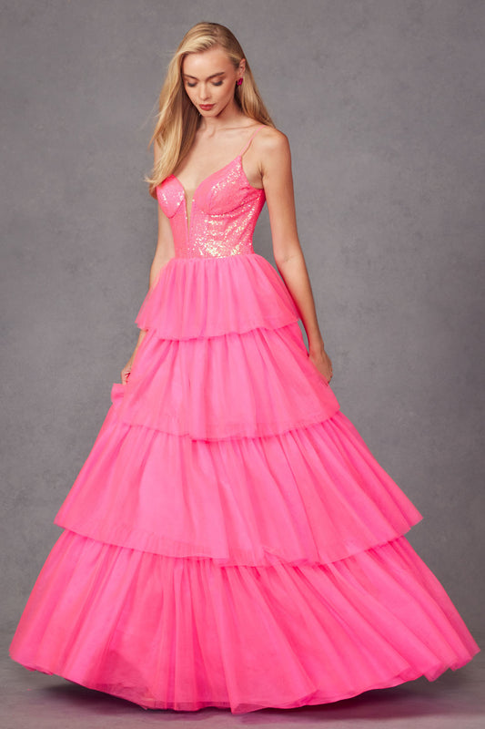 JT24-2457H Tulle Tiers Layers Ruffles Ball Gown Bodice V-Neckline Straps Boned Bodice Zipper Closure