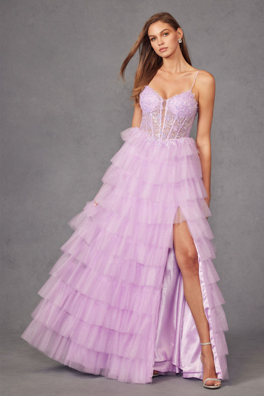 JT24-2458A Tiers Layers Ruffles  Tulle Ballgown With A Deep Lace Corset Bodice And Lace Up Back Prom Dress