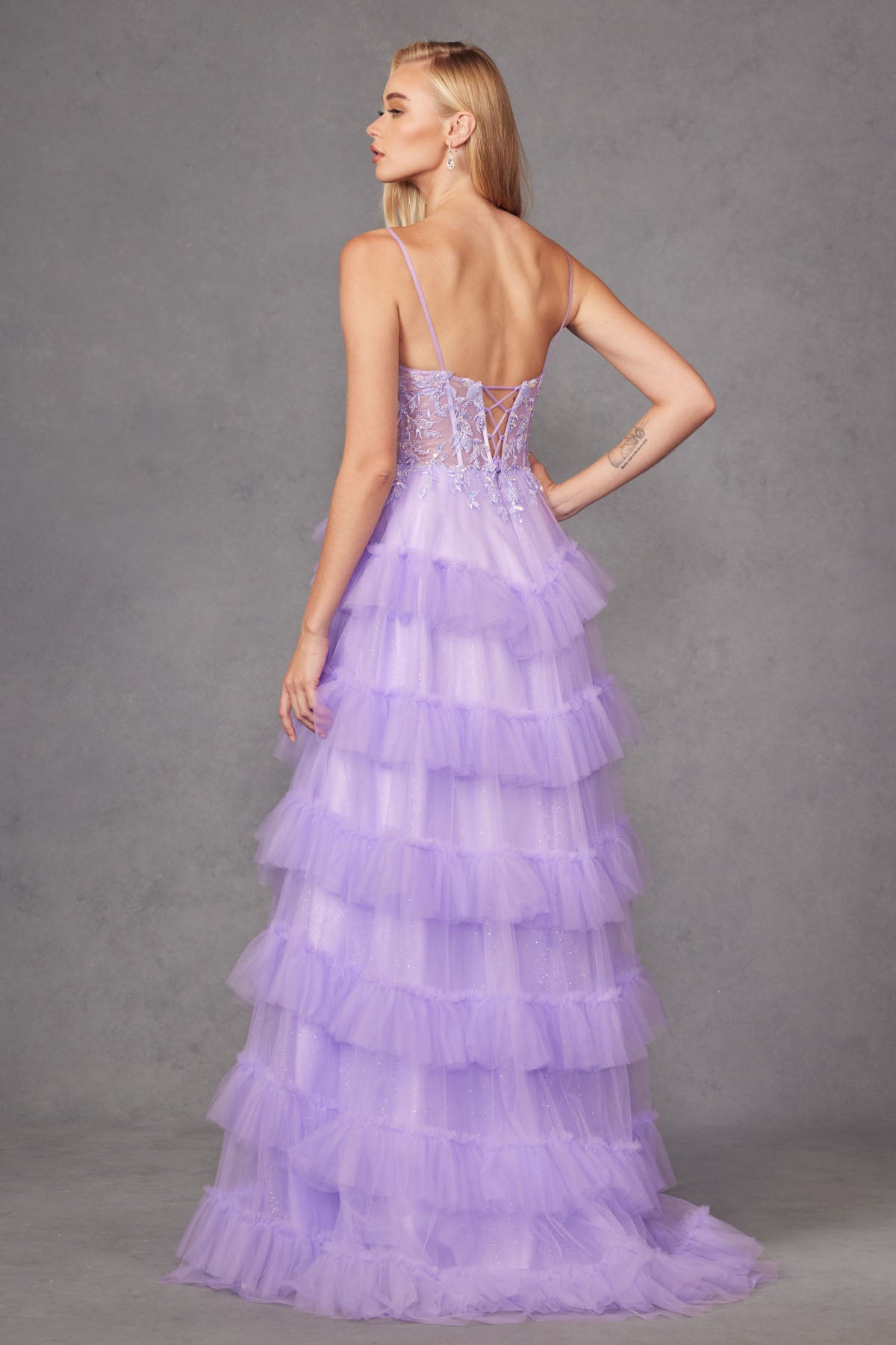 JT24-2459A Tiers Layers Ruffles Fitted Beaded Tulle Gown Skirt Slit Lace Corset Bodice Prom Dress