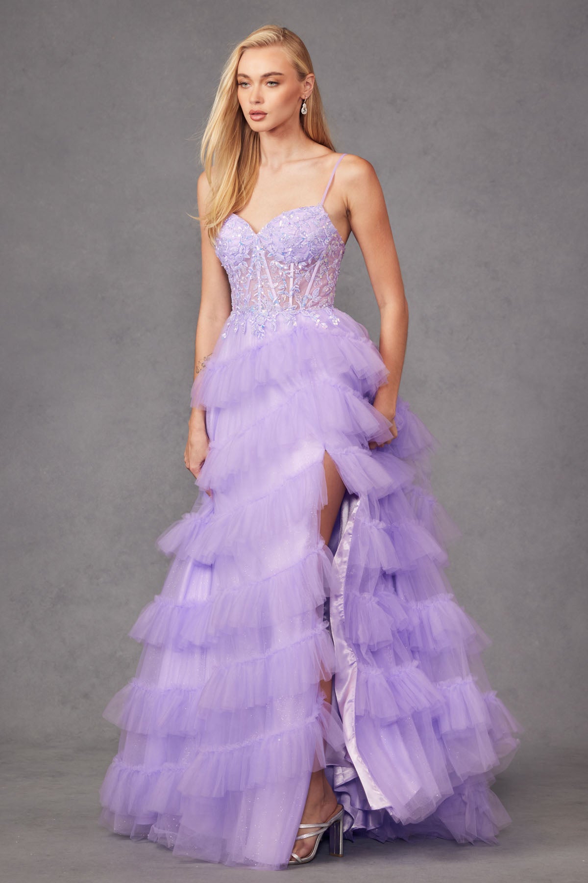 JT24-2459A Tiers Layers Ruffles Fitted Beaded Tulle Gown Skirt Slit Lace Corset Bodice Prom Dress