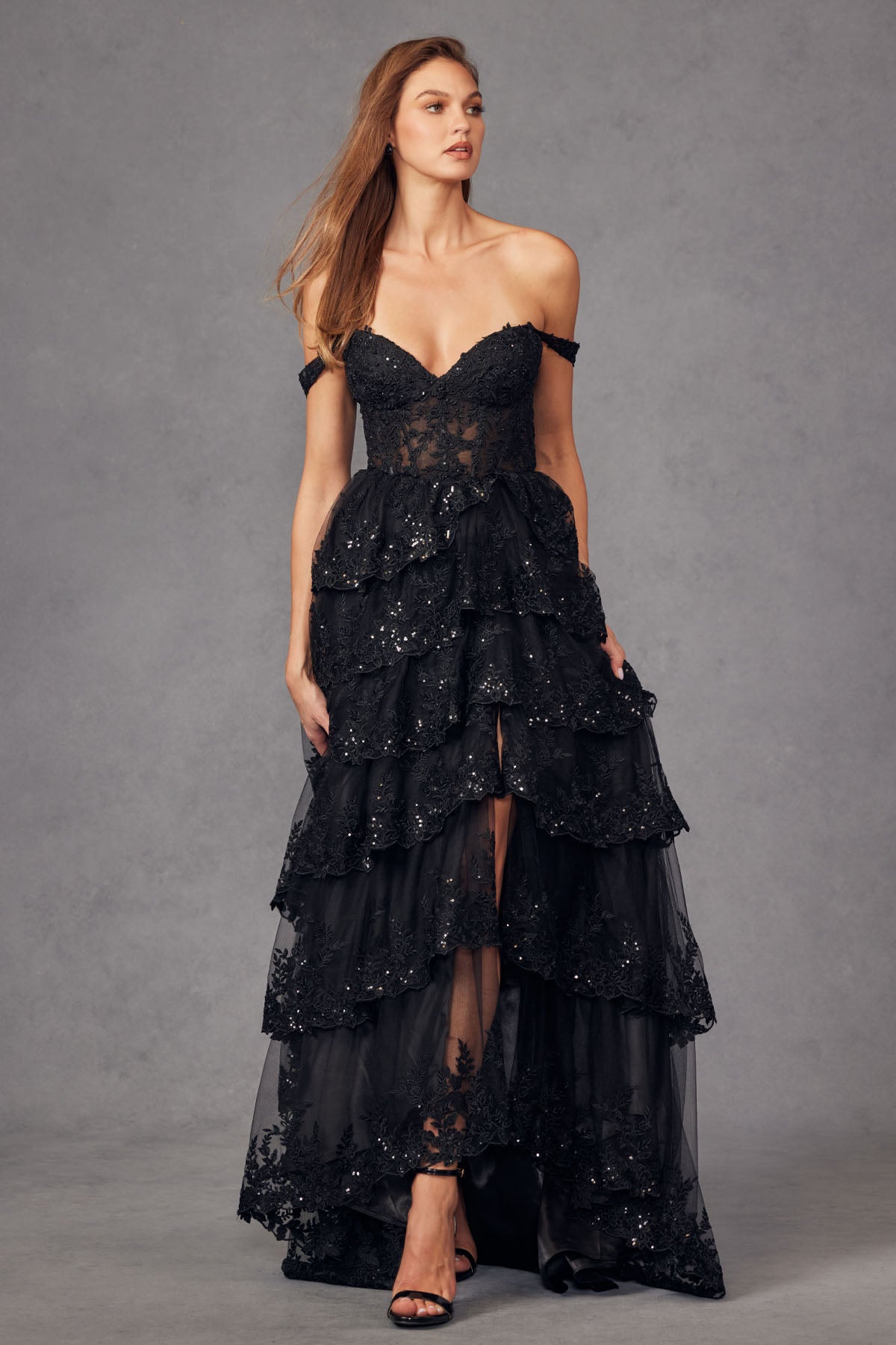 JT24-2463A Tiers Layers Ruffles Tulle Lace Sequin Fitted Gown With Sheer Corset Bodice Skirt With High Slit Prom Dress