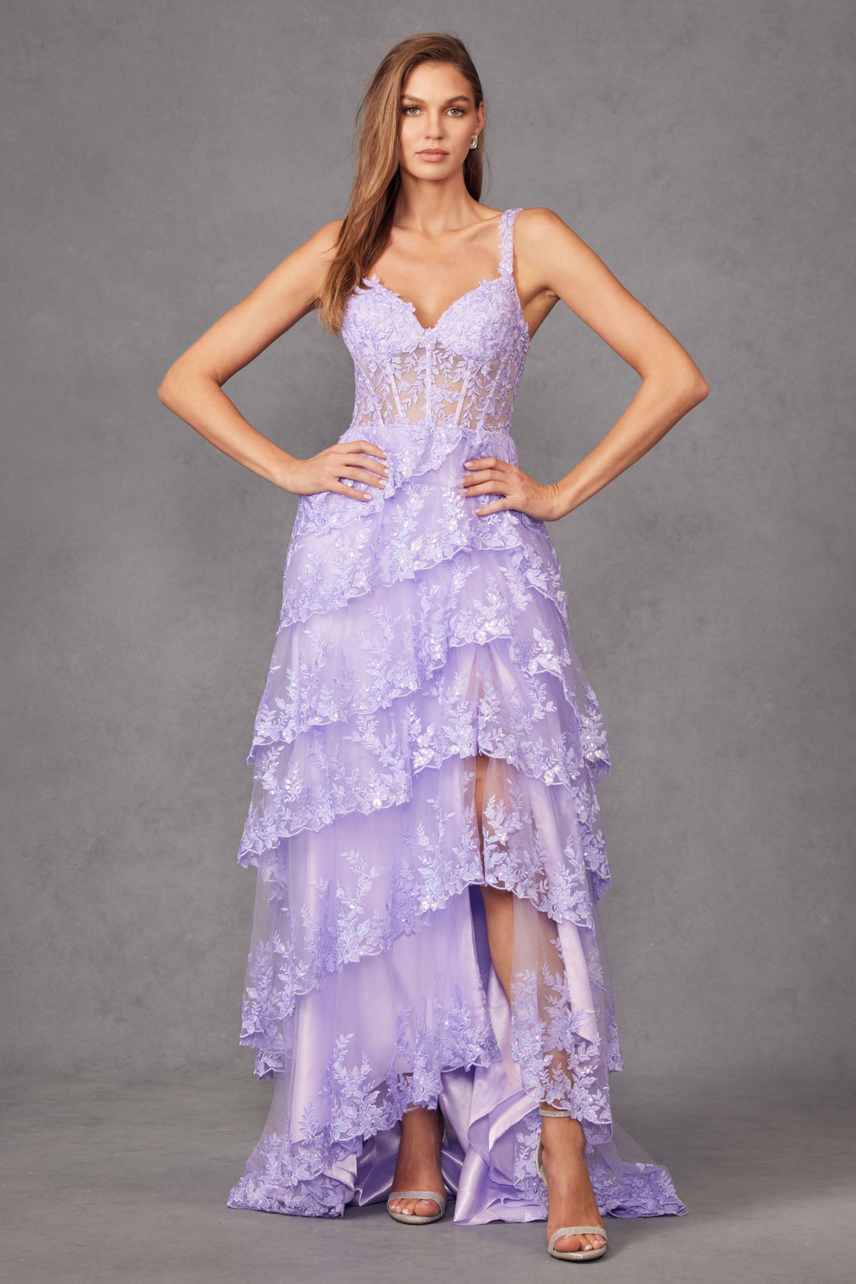 JT24-2463A Tiers Layers Ruffles Tulle Lace Sequin Fitted Gown With Sheer Corset Bodice Skirt With High Slit Prom Dress