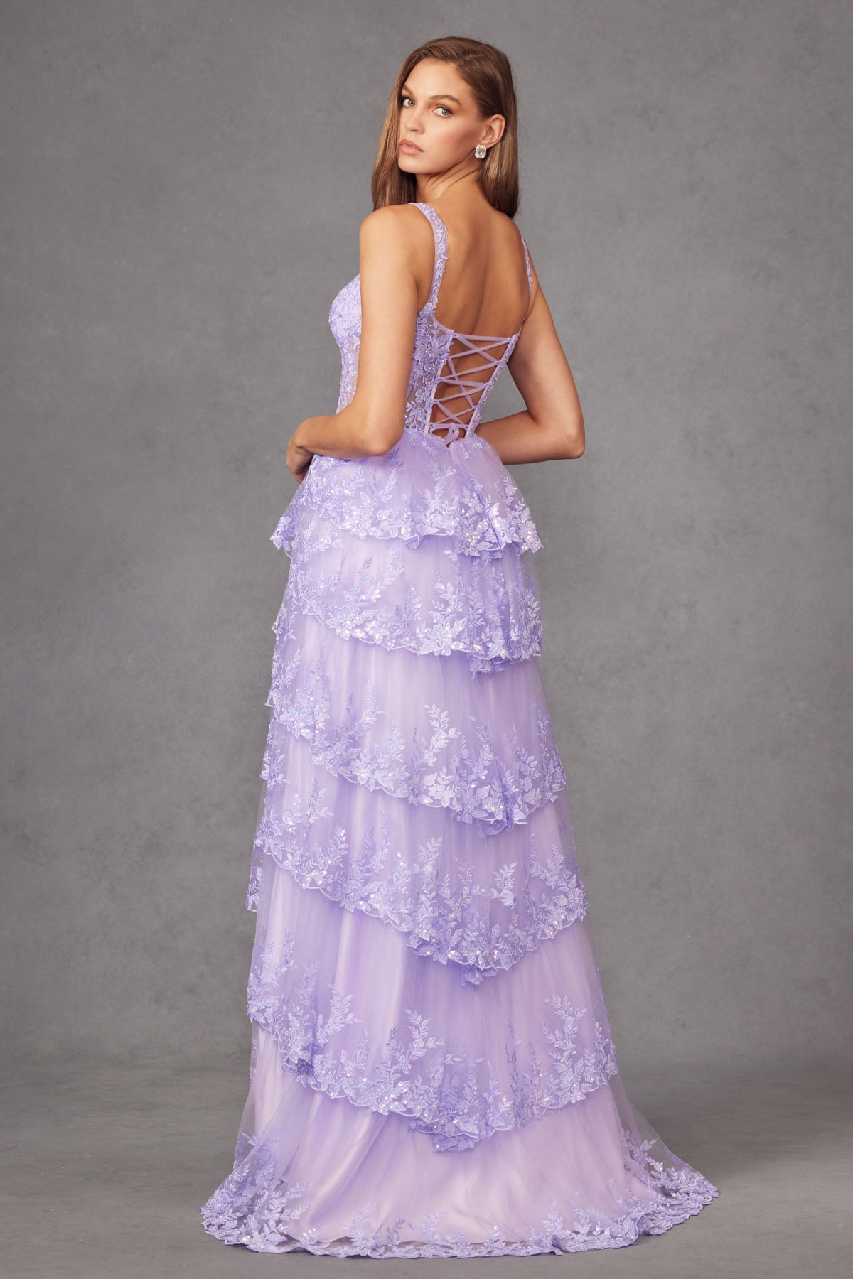 JT24-2463A Tiers Layers Ruffles Tulle Lace Sequin Fitted Gown With Sheer Corset Bodice Skirt With High Slit Prom Dress