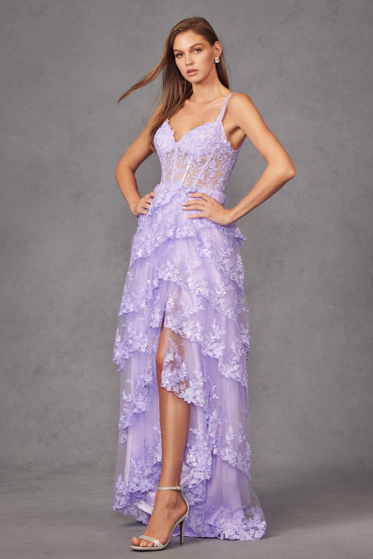 JT24-2463A Tiers Layers Ruffles Tulle Lace Sequin Fitted Gown With Sheer Corset Bodice Skirt With High Slit Prom Dress