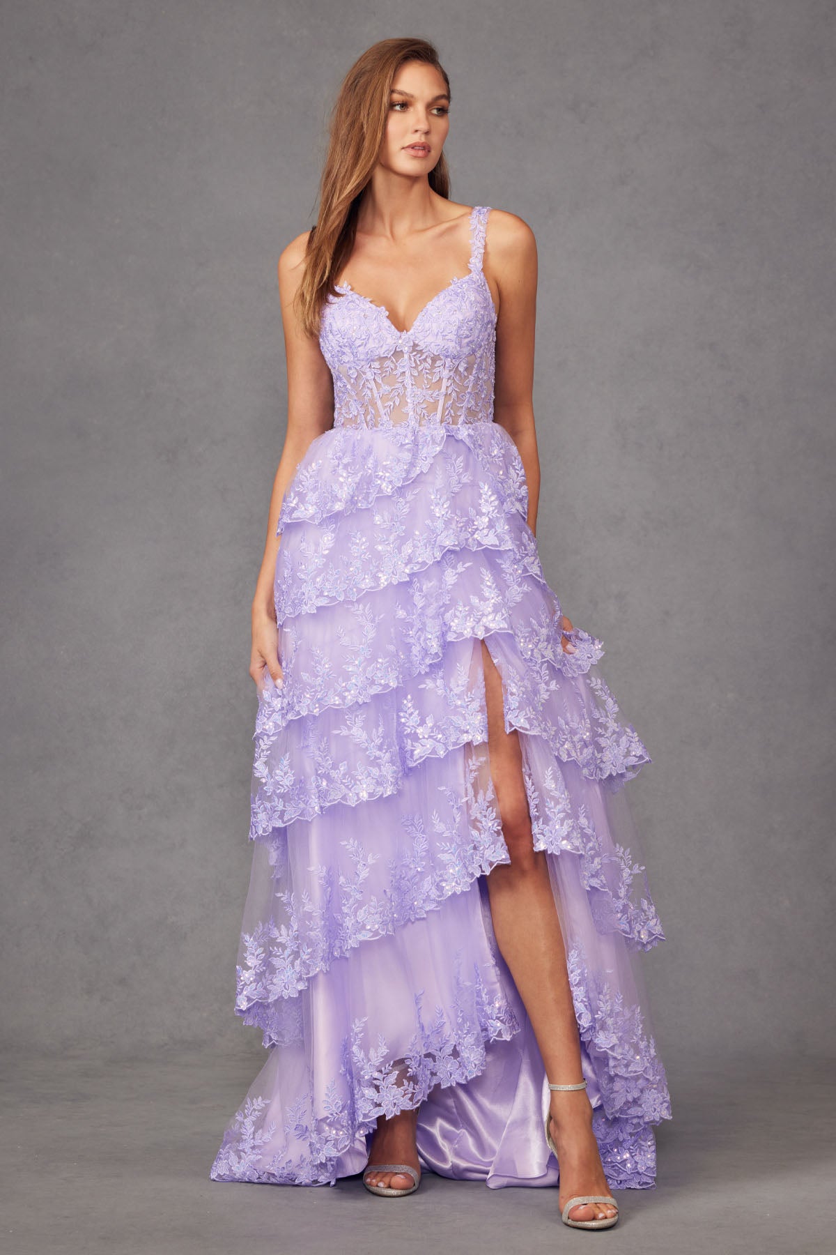 JT24-2463A Tiers Layers Ruffles Tulle Lace Sequin Fitted Gown With Sheer Corset Bodice Skirt With High Slit Prom Dress