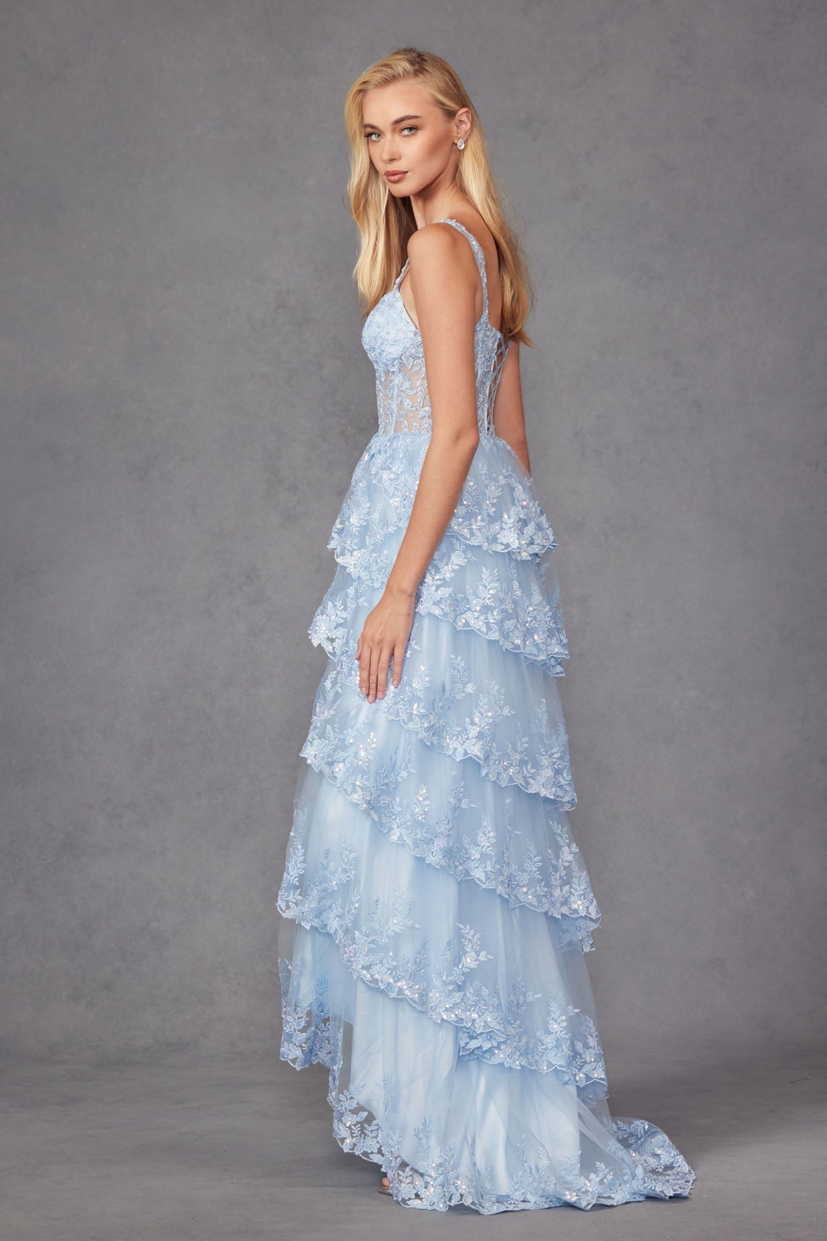 JT24-2463A Tiers Layers Ruffles Tulle Lace Sequin Fitted Gown With Sheer Corset Bodice Skirt With High Slit Prom Dress