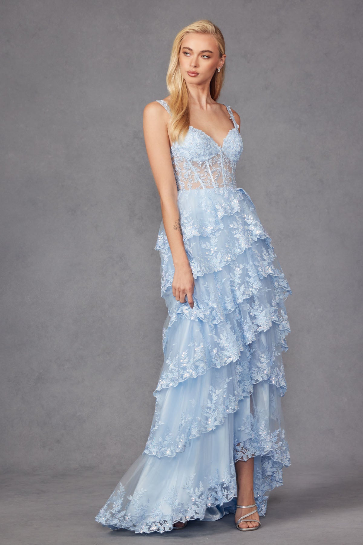 JT24-2463A Tiers Layers Ruffles Tulle Lace Sequin Fitted Gown With Sheer Corset Bodice Skirt With High Slit Prom Dress