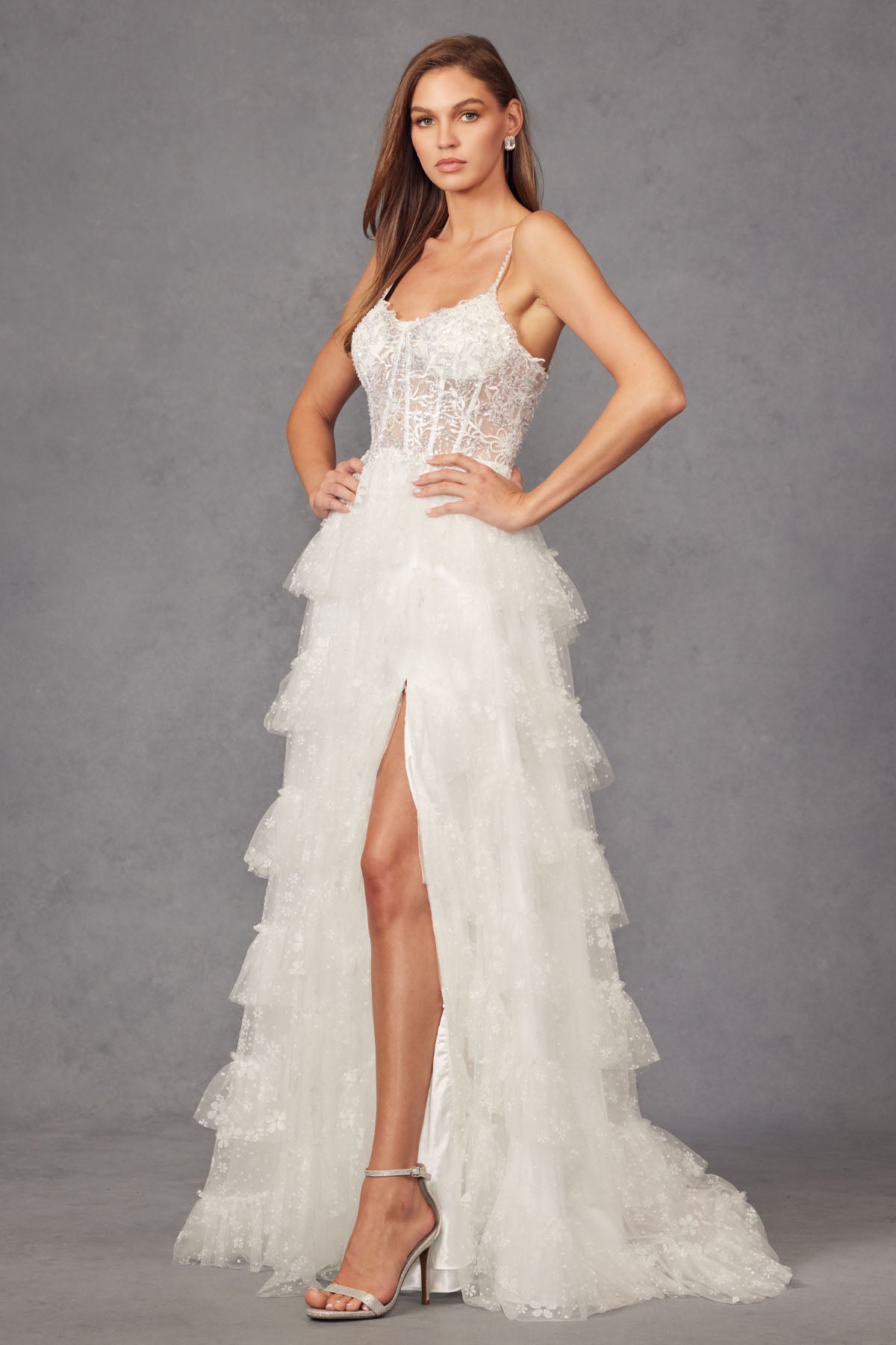 JT24-2464AW Lace Corset Beaded Gown With Sparkle Glitter Fabric Ruffle Skirt Slit And Satin Bow Belt Bridal Gown