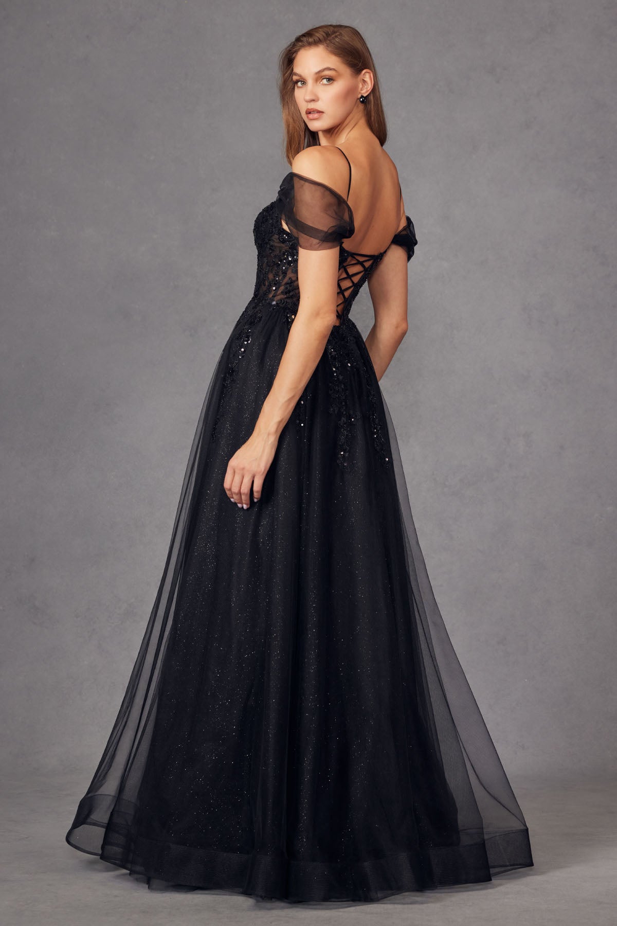 JT24-JT2466A Sequin Corset With Off The Shoulder Sleeves And Sparkle Tulle Skirt Prom Gown.