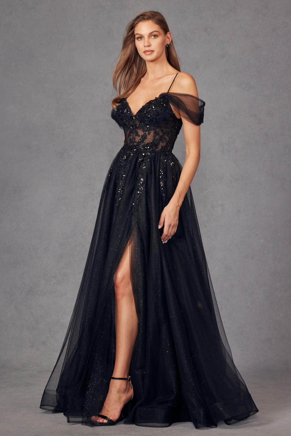 JT24-JT2466A Sequin Corset With Off The Shoulder Sleeves And Sparkle Tulle Skirt Prom Gown.