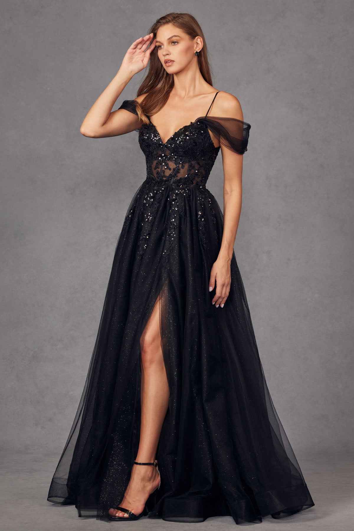 JT24-JT2466A Sequin Corset With Off The Shoulder Sleeves And Sparkle Tulle Skirt Prom Gown.