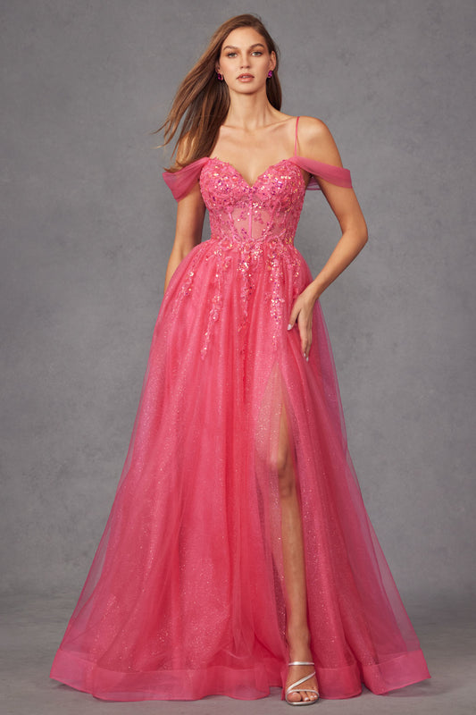 JT24-JT2466A Sequin Corset With Off The Shoulder Sleeves And Sparkle Tulle Skirt Prom Gown.