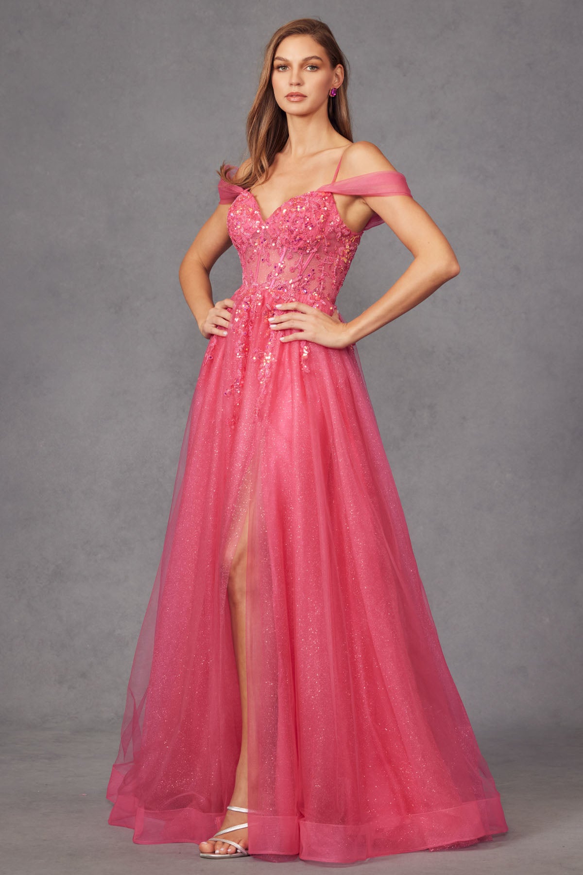 JT24-JT2466A Sequin Corset With Off The Shoulder Sleeves And Sparkle Tulle Skirt Prom Gown.