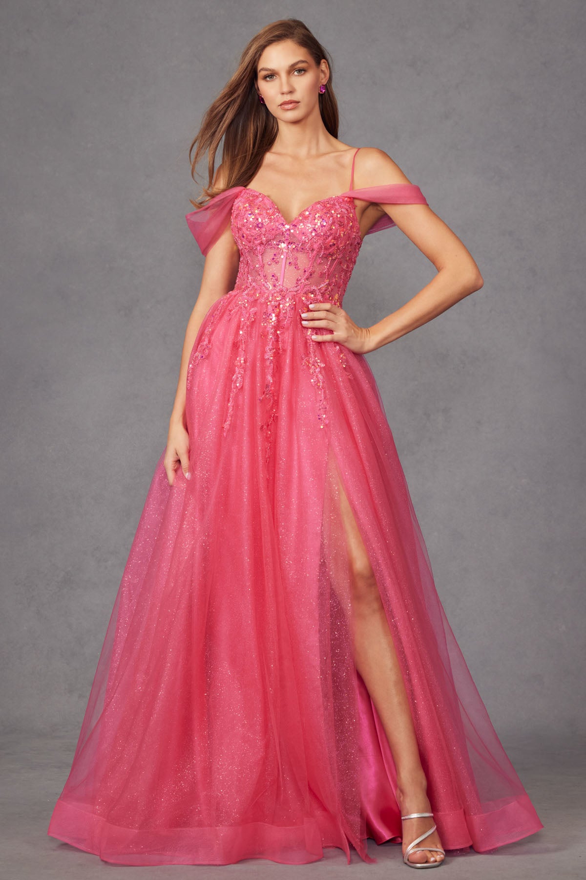 JT24-JT2466A Sequin Corset With Off The Shoulder Sleeves And Sparkle Tulle Skirt Prom Gown.