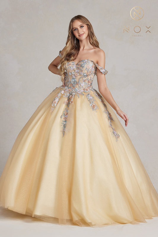 NA25-JU809 FLORAL EMBROIDERED OFF-THE-SHOULDER CORSET BALL GOWN