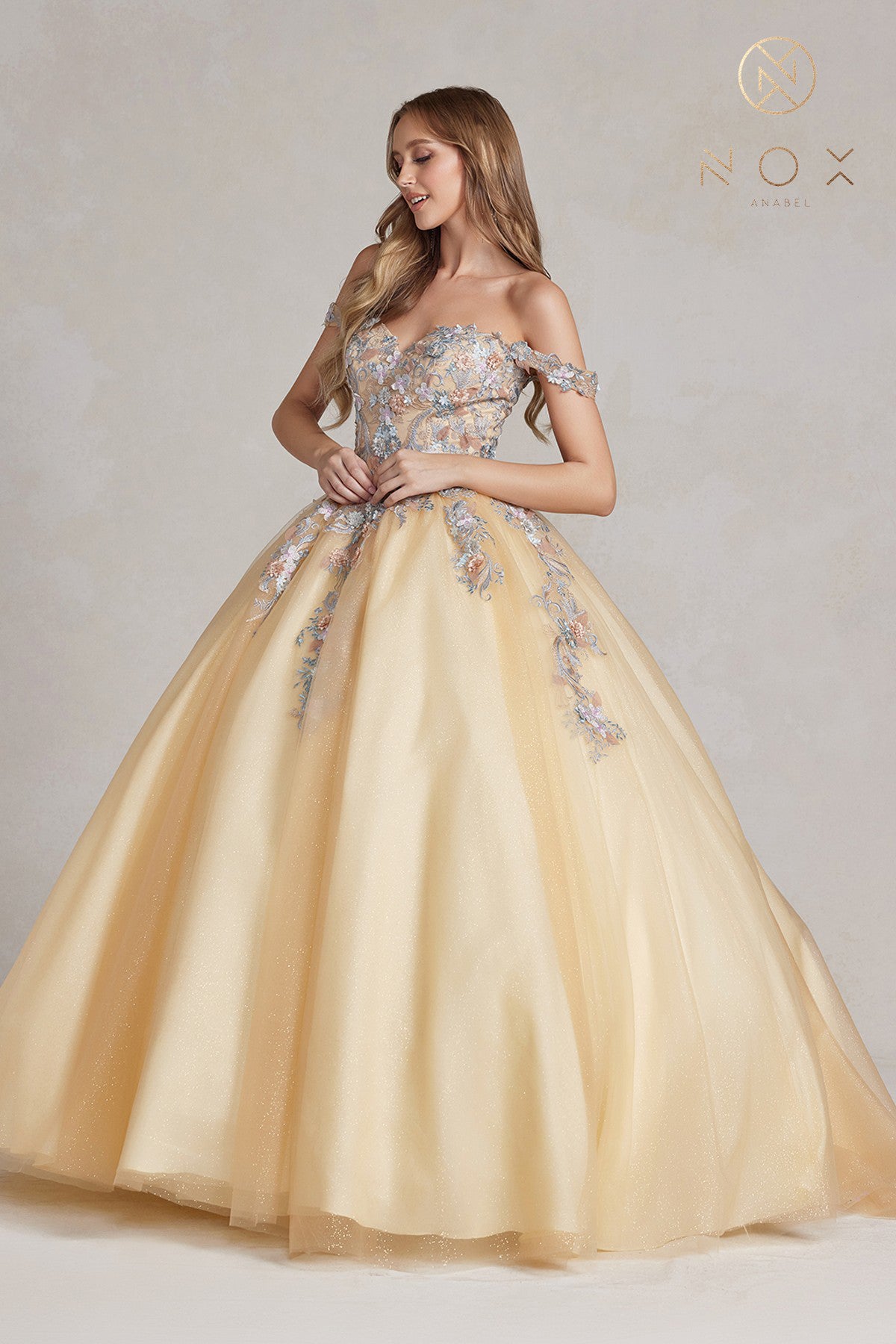 NA25-JU809 FLORAL EMBROIDERED OFF-THE-SHOULDER CORSET BALL GOWN