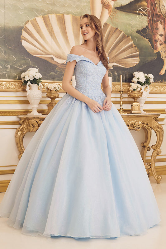 NA25-CU1193 OFF-THE-SHOULDER LACE APPLIQUE BALLGOWN
