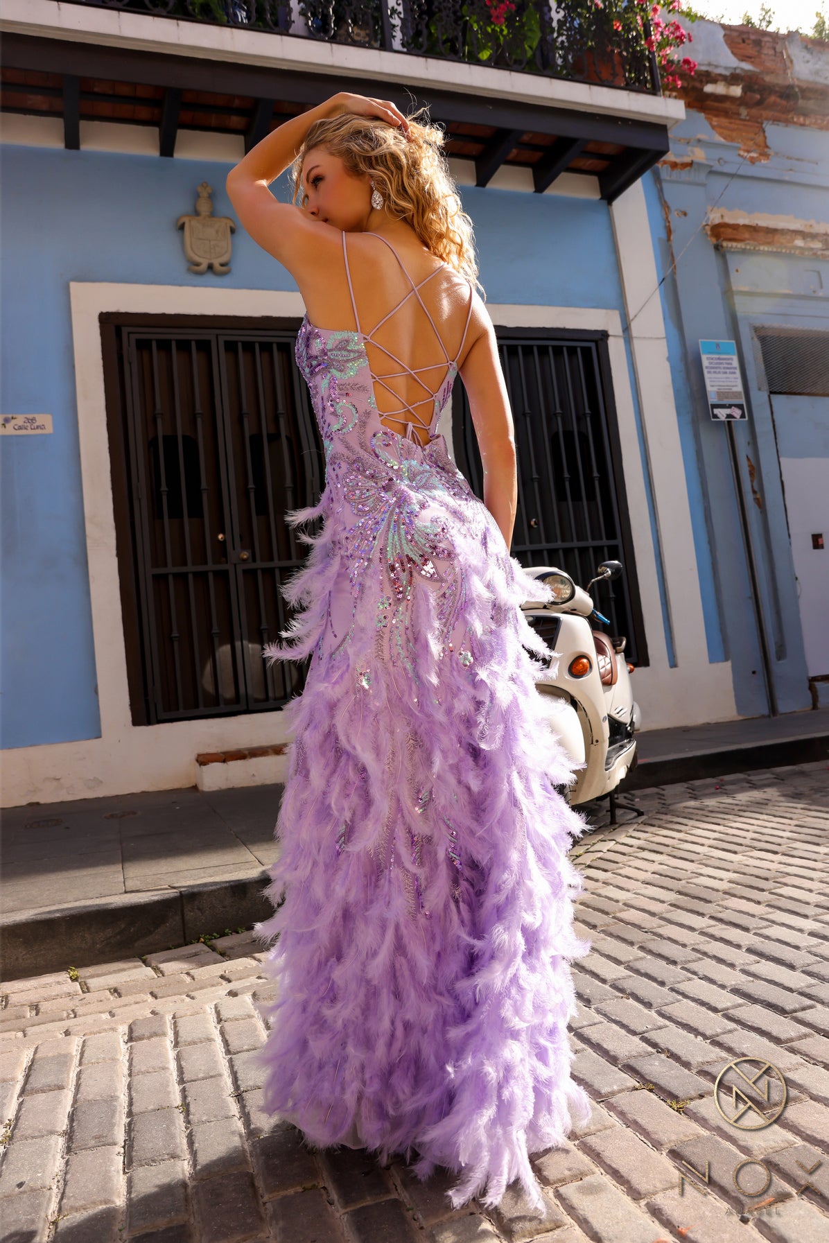 NA24-C1413 FEATHERS SEQUIN FITTED GOWN