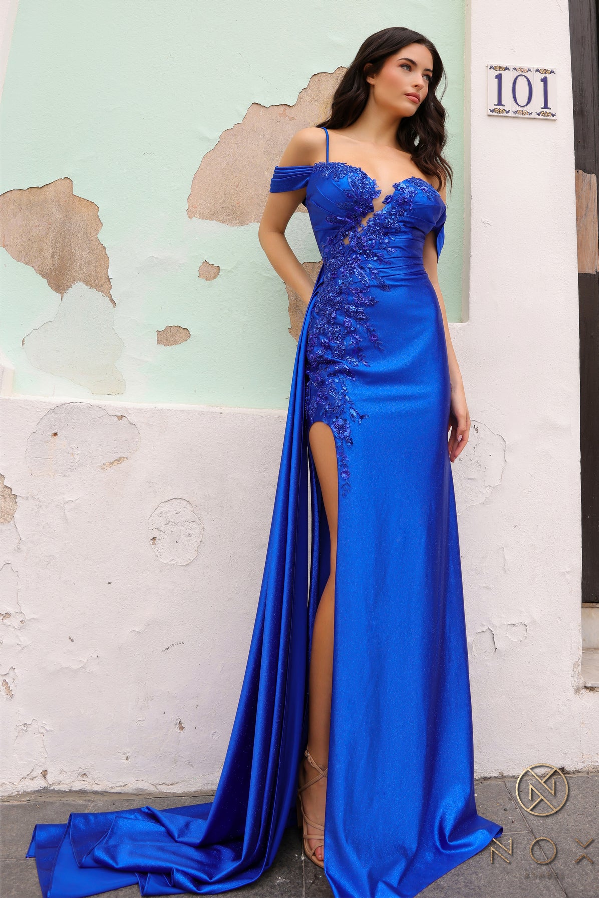 NA24-E1451 SHIMMER EMBOIDERY DETAIL OFF SHOULDER GOWN SLIT SIDE SASH