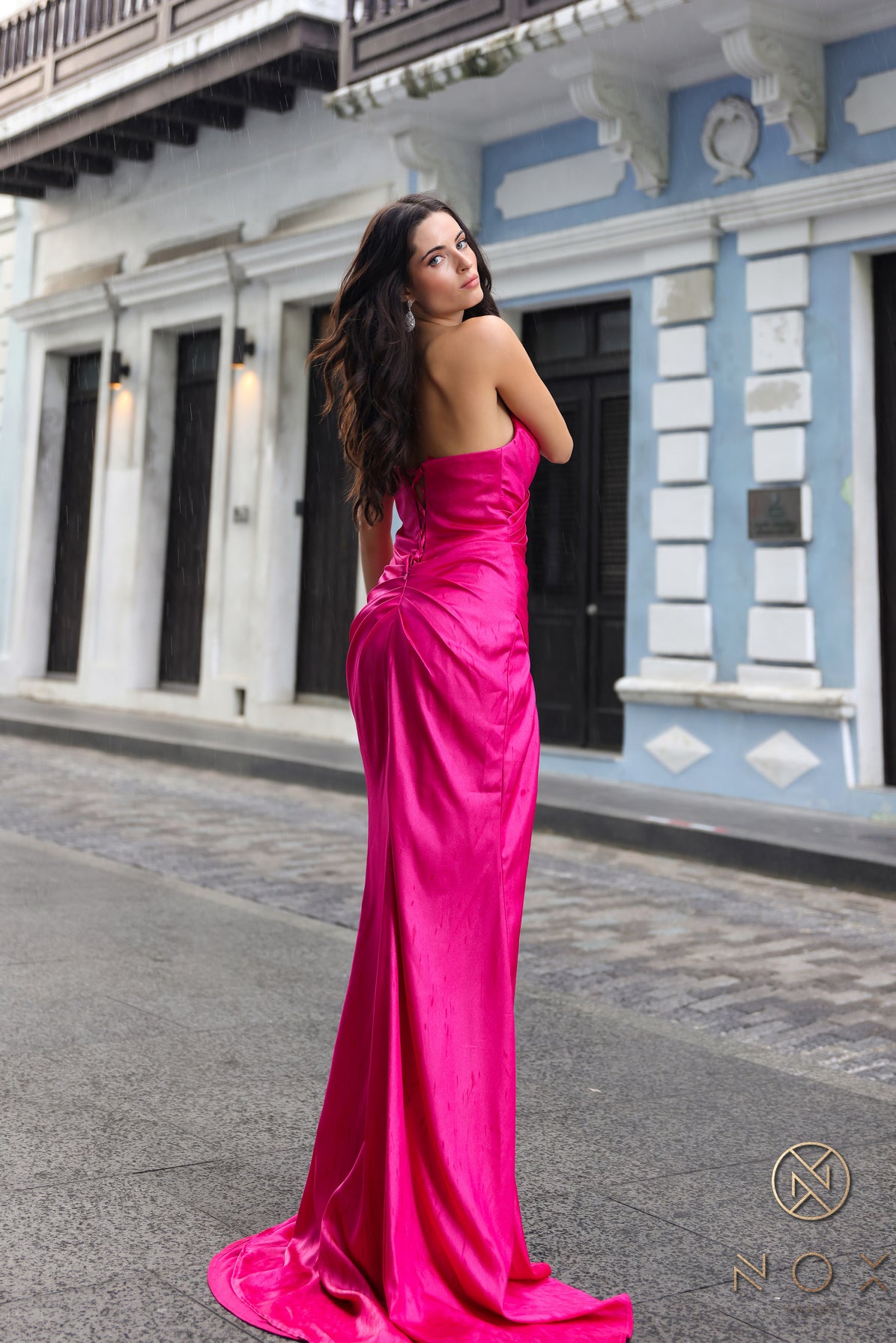 NA24-F1380 SATIN PLEATED SLIT GOWN