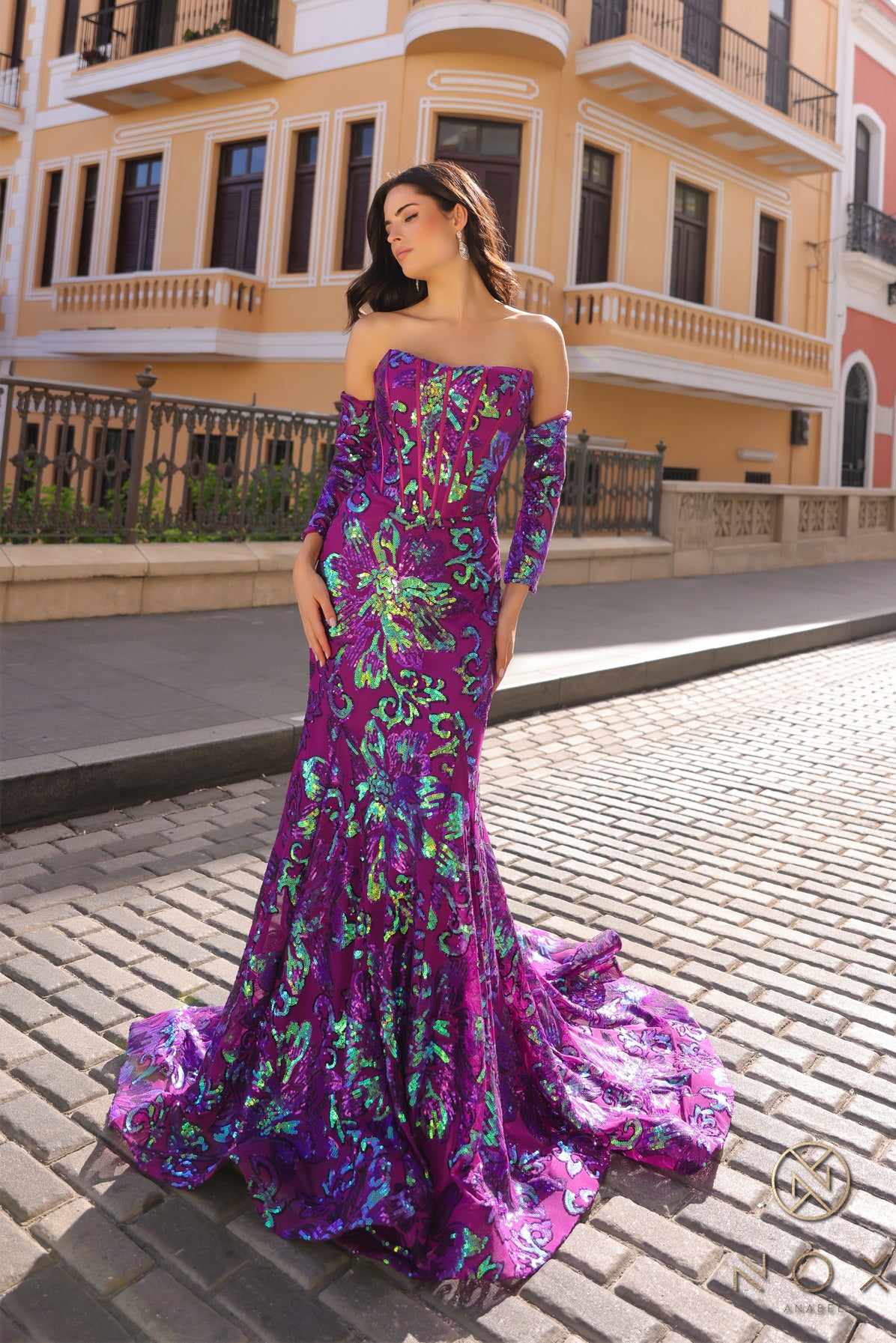 NA24-R1268 SEQUIN FLORAL DESIGN BONNING BODICE REMOVEABLE SLEEVES GOWN